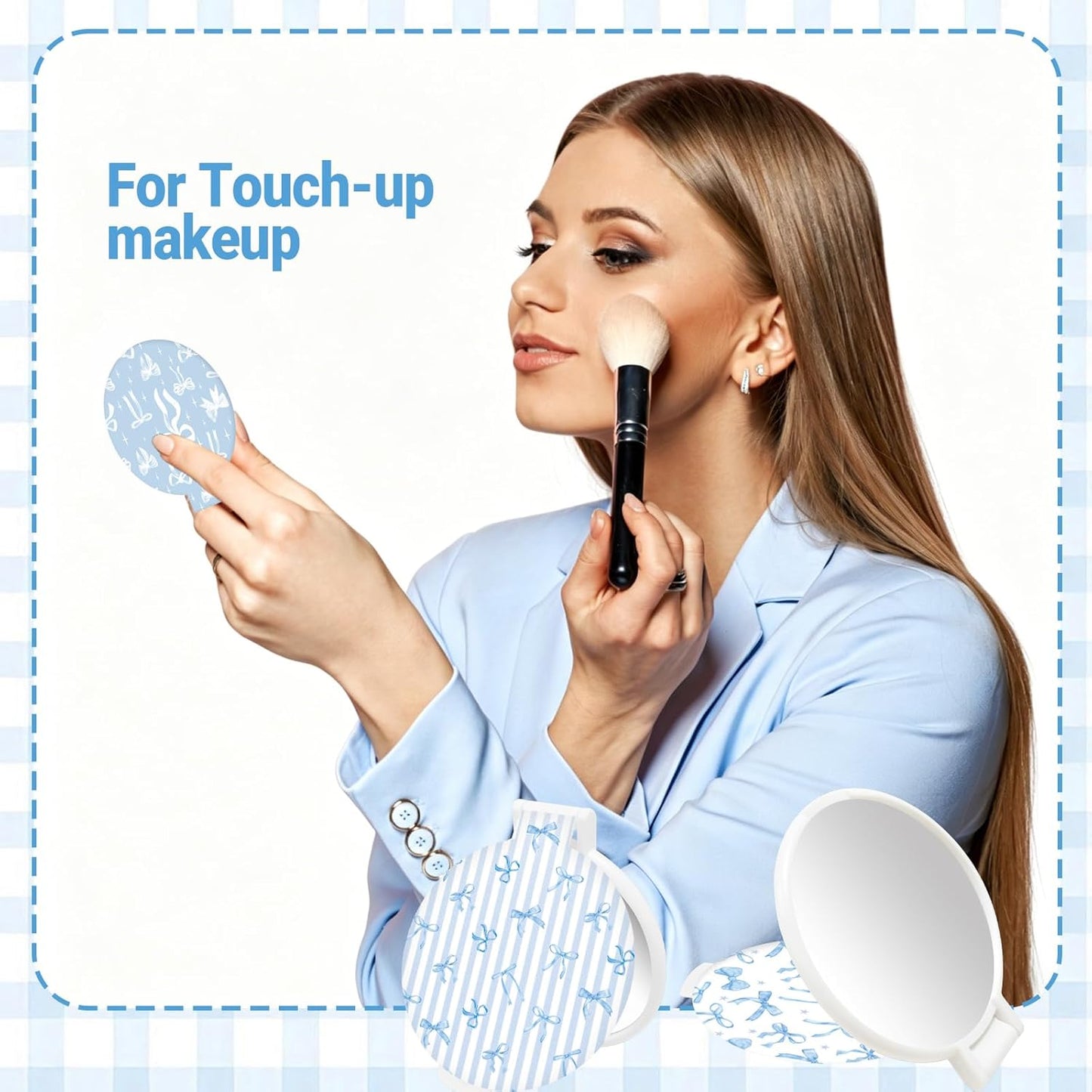 Blue Bow Compact Mirror - 50 Pcs Portable Round Makeup Mirrors | Perfect Gifts for Women, Coworkers, Teachers