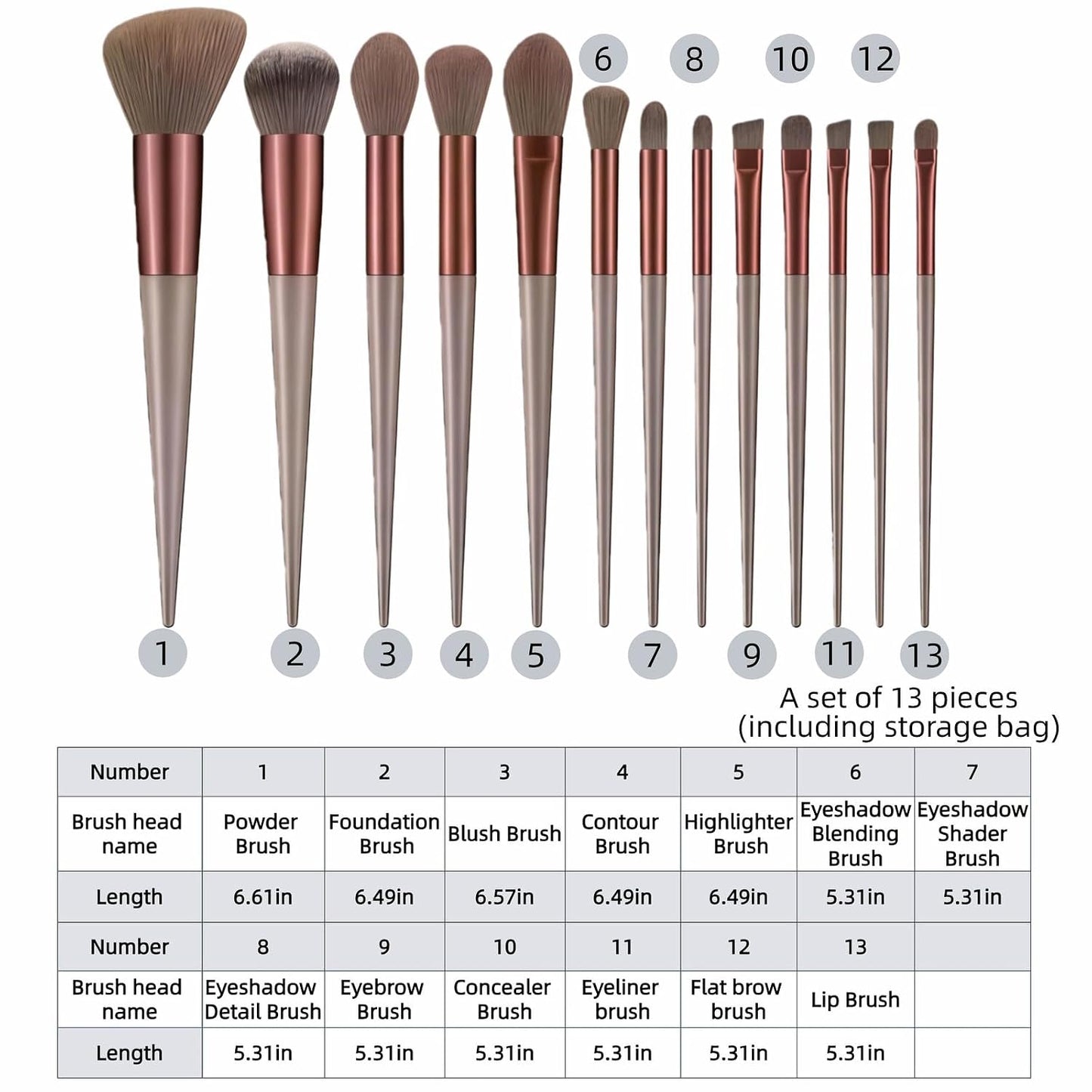 Makeup Brush Set - 13 Piece Professional Cosmetic Brushes | Hypoallergenic Synthetic Bristles for Face & Eye Application (Brown)