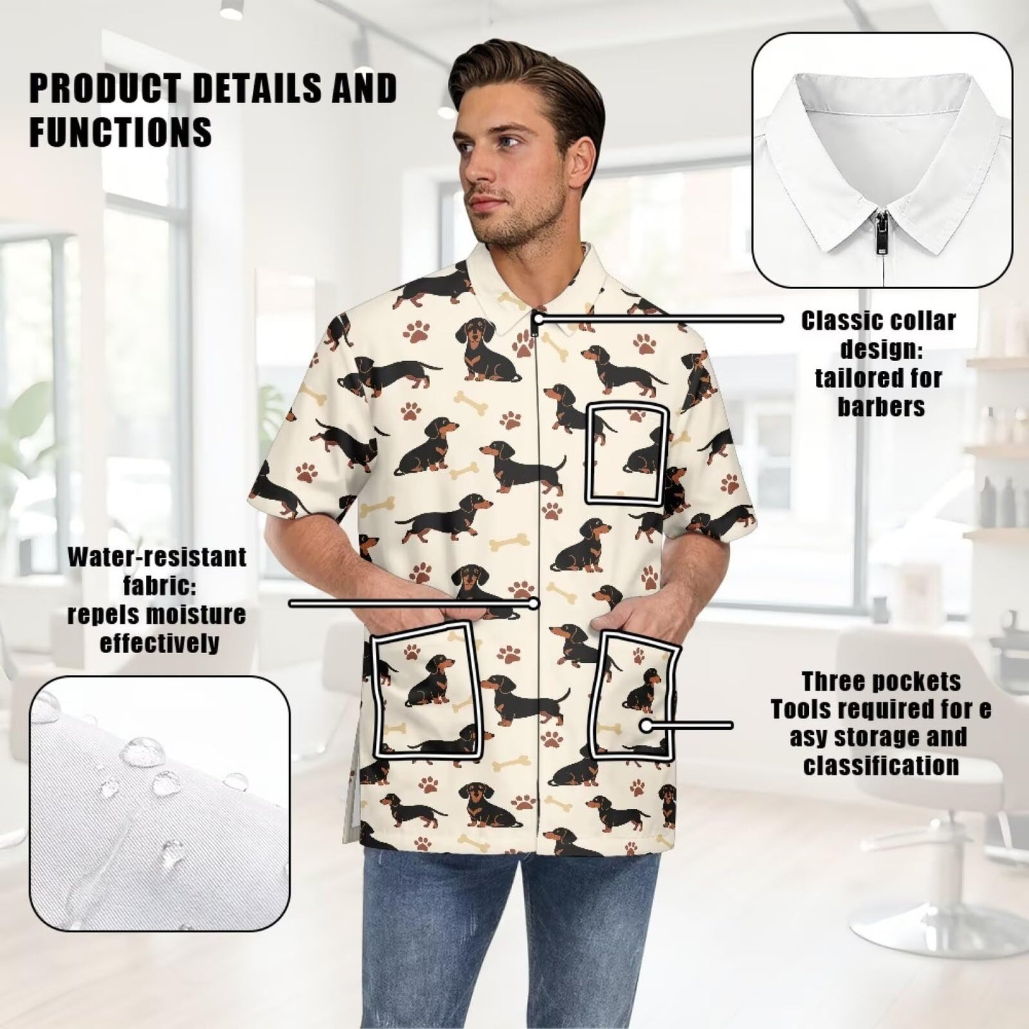 Srengjodk Waterproof Hair Cutting Capes For Adults Stretchy Grooming Smock Splash-Resistant Cobbler Apron 3 Pockets Breathable Chef Waiter Work Shirt Dachshunds Print L 2XL
