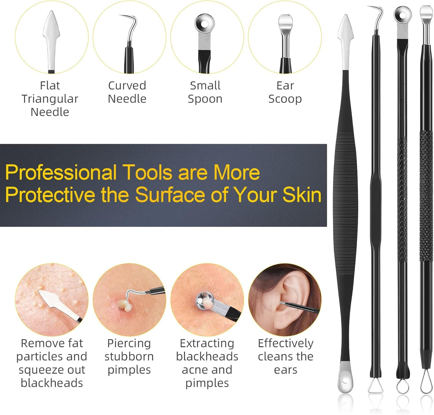 Pimple Popper Tool Kit - 15 PCS Professional Stainless Steel Blackhead Remover Set | Acne Extraction Tools with Metal Case (Black)