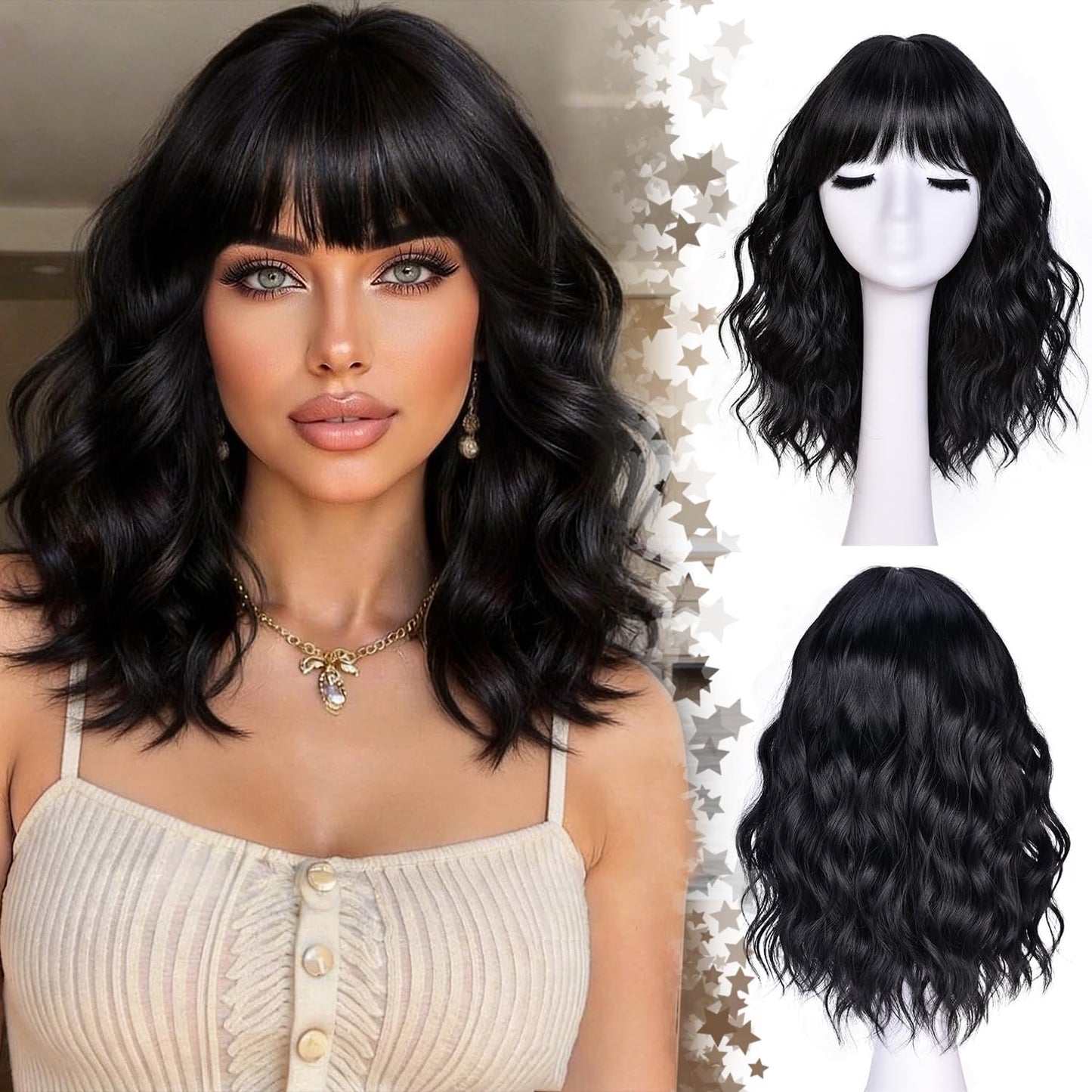 Short Wavy Wig with Bangs - Natural Curly Synthetic Hair for Daily Wear | 14-Inch Brown Highlight