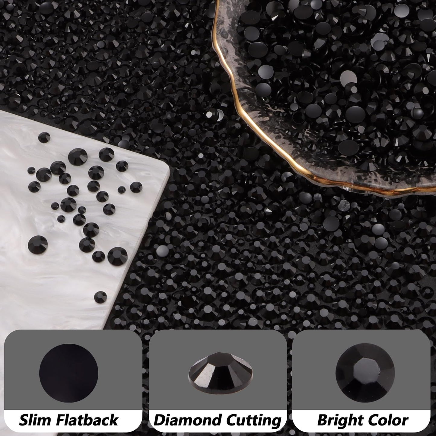 Flatback Rhinestones for Crafts - 10,000 Pcs Black Crystal Gems | 2-5mm Resin Glitter for DIY Nail Art & Clothing Accessories