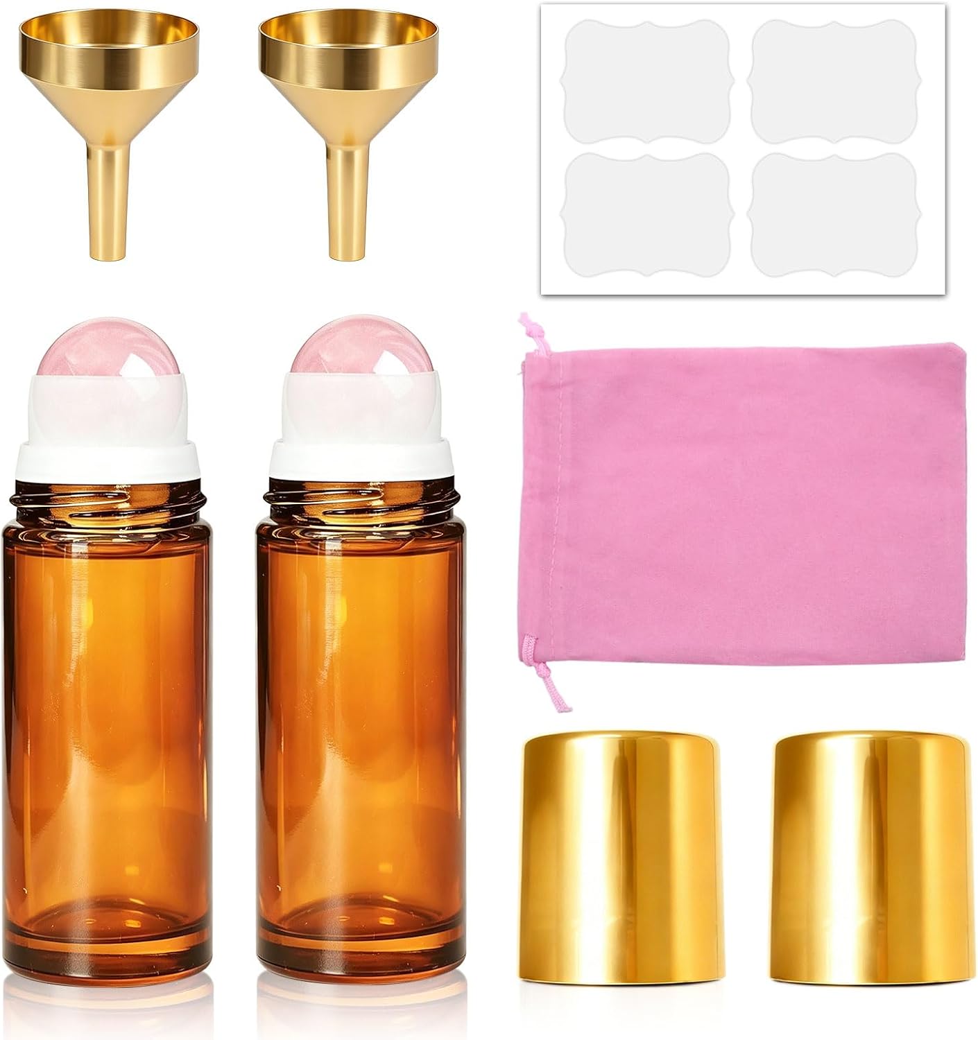 Rose Quartz Roller Bottle - 1oz Refillable Amber Glass for Essential Oils & Skincare | Leak-Proof with Gold Cap & Storage Bag