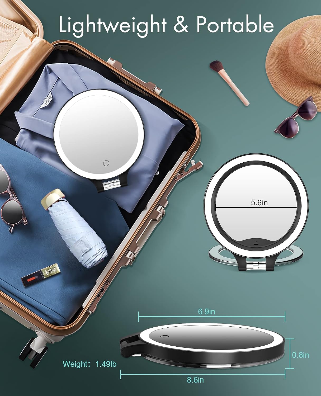 10X 1X Double-Sided Magnifying Makeup Mirror - Rechargeable Lighted with 3 Color Settings | Adjustable Rotation