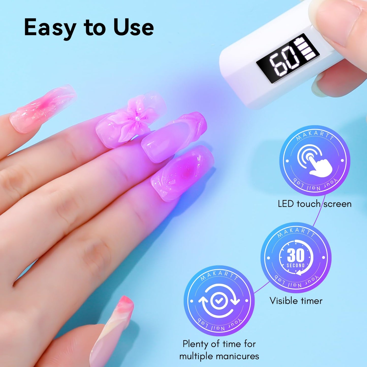 Makartt Handheld UV Nail Lamp, Mini Cordless Flash Cure Nail Light for Gel Nail Polish & Nail Glue, Rechargeable USB UV Light Fast Drying with LCD Display, Portable DIY Nail Art Gift, Home Salon Use