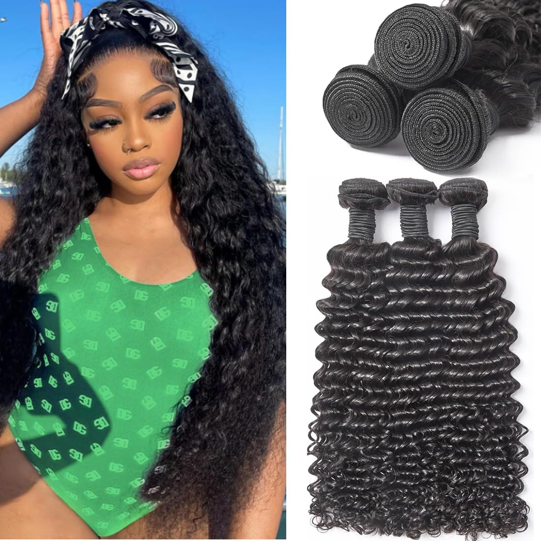 12A Human Hair Bundles 14 16 18 Inch Curly Bundles Human Hair Deep Wave Bundles Deals Wet and Wavy Quick Weave Real Hair Extensions For Women Natural Black