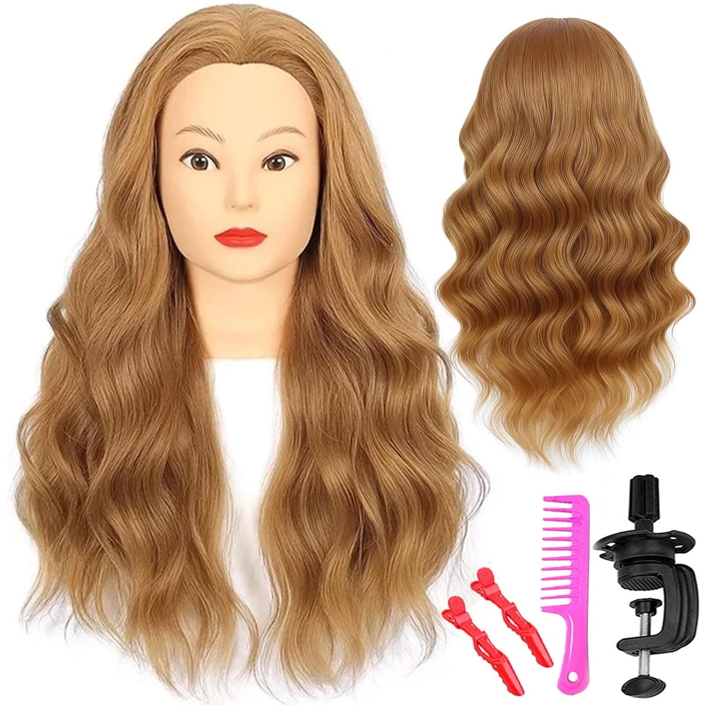 Mannequin Head - 100% Real Hair Cosmetology Training Doll | 20" Nature Brown with Clamp & Comb