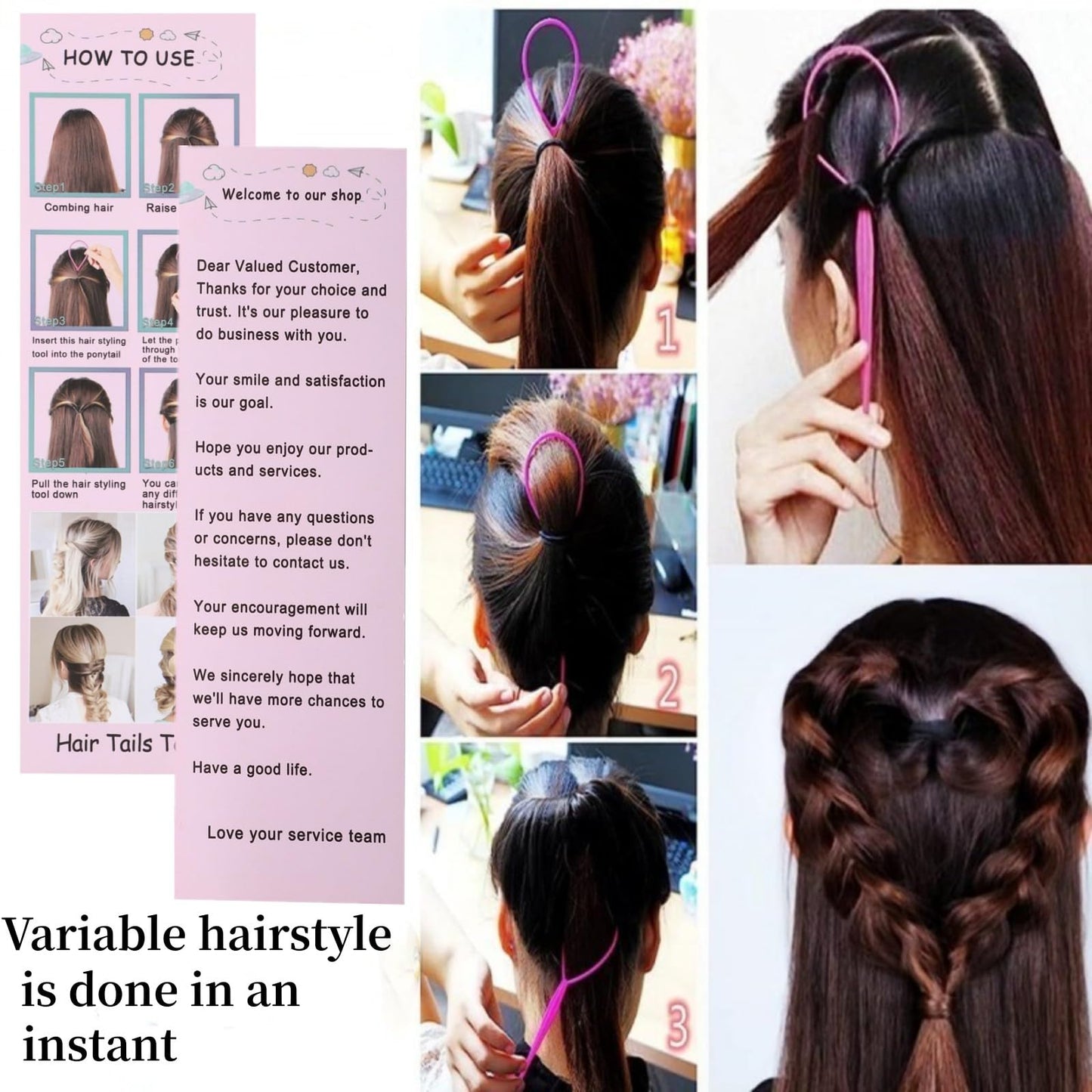 Schembo Topsy Tail Hair Tool Set - 6pcs Loop Styling Tool, Ponytail Pull Through, Two Sizes, 3 Colors (Pink/Purple/Blue) for Women, Girls & Kids
