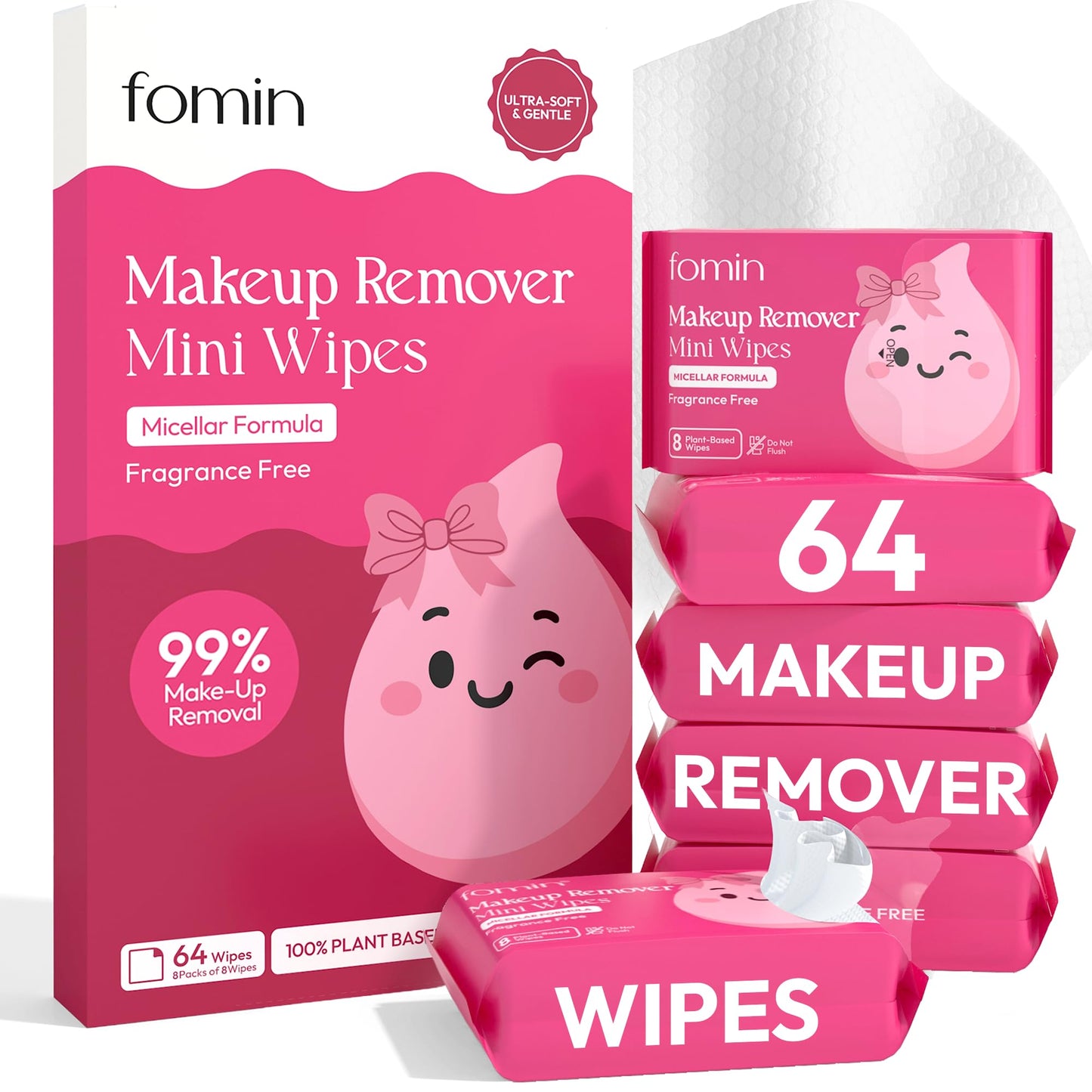 FOMIN Mini Makeup Remover Wipes - 8 Pack (64 Wipes) Unscented Gentle Face Wipes for Full Face Makeup Removal - Non-Irritating & Micellar Formula Travel Ready - Gift for Women & Bridesmaids