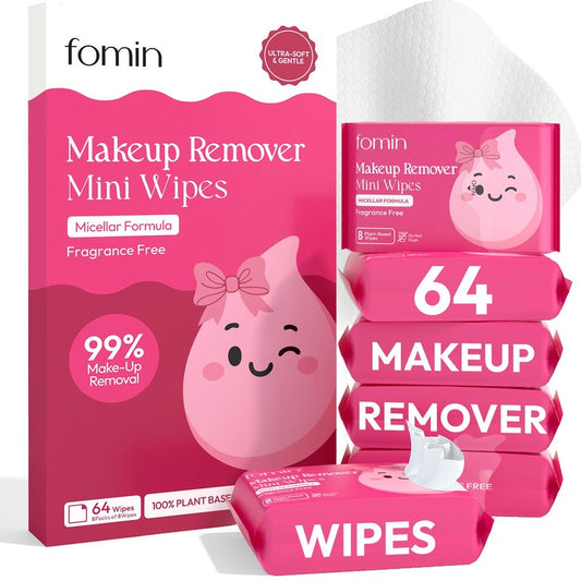 FOMIN Mini Makeup Remover Wipes - 8 Pack (64 Wipes) Unscented Gentle Face Wipes for Full Face Makeup Removal - Non-Irritating & Micellar Formula Travel Ready - Gift for Women & Bridesmaids