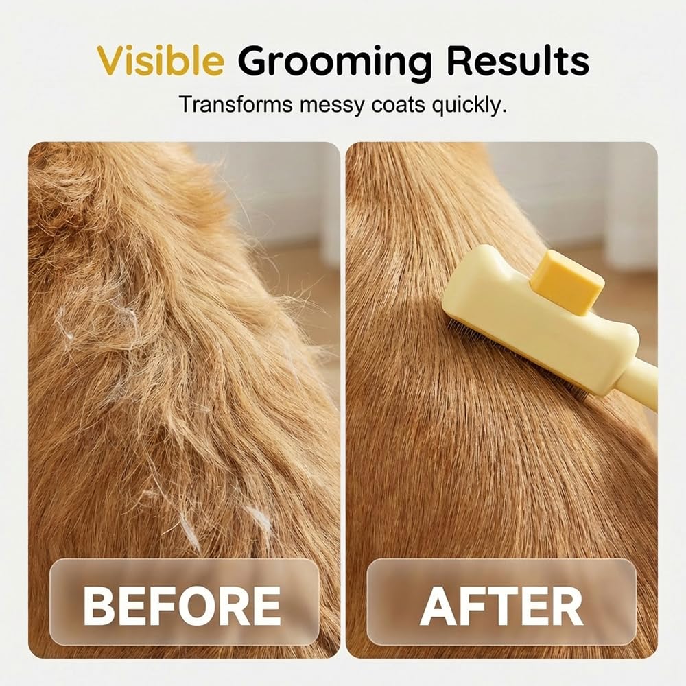 Spwejsr Cat Self Cleaning Pet Hair Removal Comb, One-Click Self-Cleaning Brush with Stainless Steel Teeth & Release Button, De-Shedding Comb for Cats & Dogs Long & Short Hair (Green- High-Low Teeth)