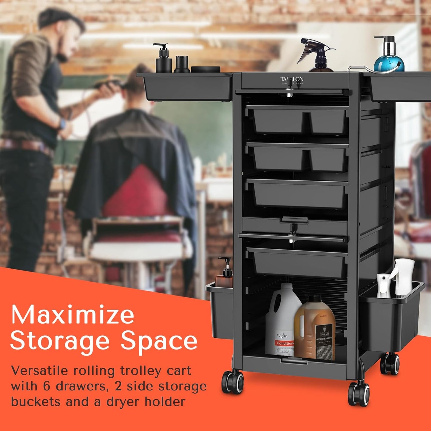 Lockable Salon Trolley Cart - Rolling Hair Stylist Storage with 6 Drawers & 2 Buckets | Versatile Multi-Use Design