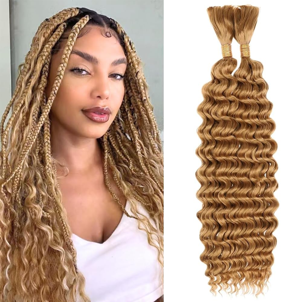 Honey Blonde Human Braiding Hair for Boho Braids 2 Bundles 12 Inch 110g 12A 27 Blonde Deep Wave Braiding Hair for Braids Brazilian Bulk Human Hair Extensions