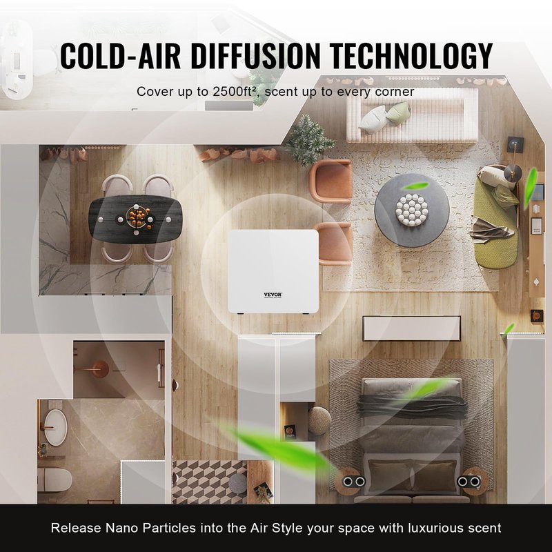VEVOR Scent Air Machine for Home, 480ml Bluetooth Smart Essential Oil Diffuser with Cold Air Tech, Waterless Scent Diffuser Cover Up to 2500sq.ft for Business Office, Hotel, Spa, Large Room