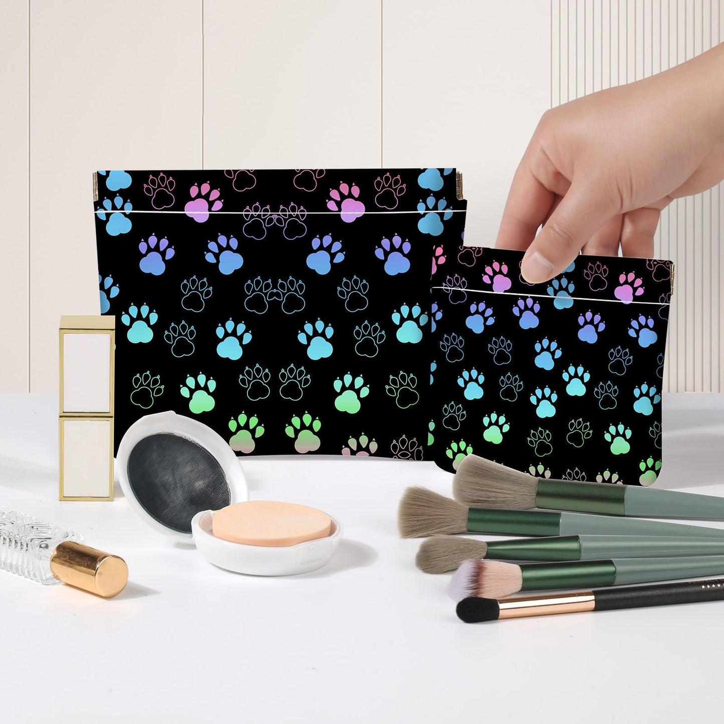 Luoycxy 2 PCS PU Leather Small Makeup Bag Set for Purse,No Zipper Self-closing Cosmetic Bag, Portable Coin Purse Lipstick Accessories Organizer Travel Toiletry Storage Pouch for Women,Dog paw print