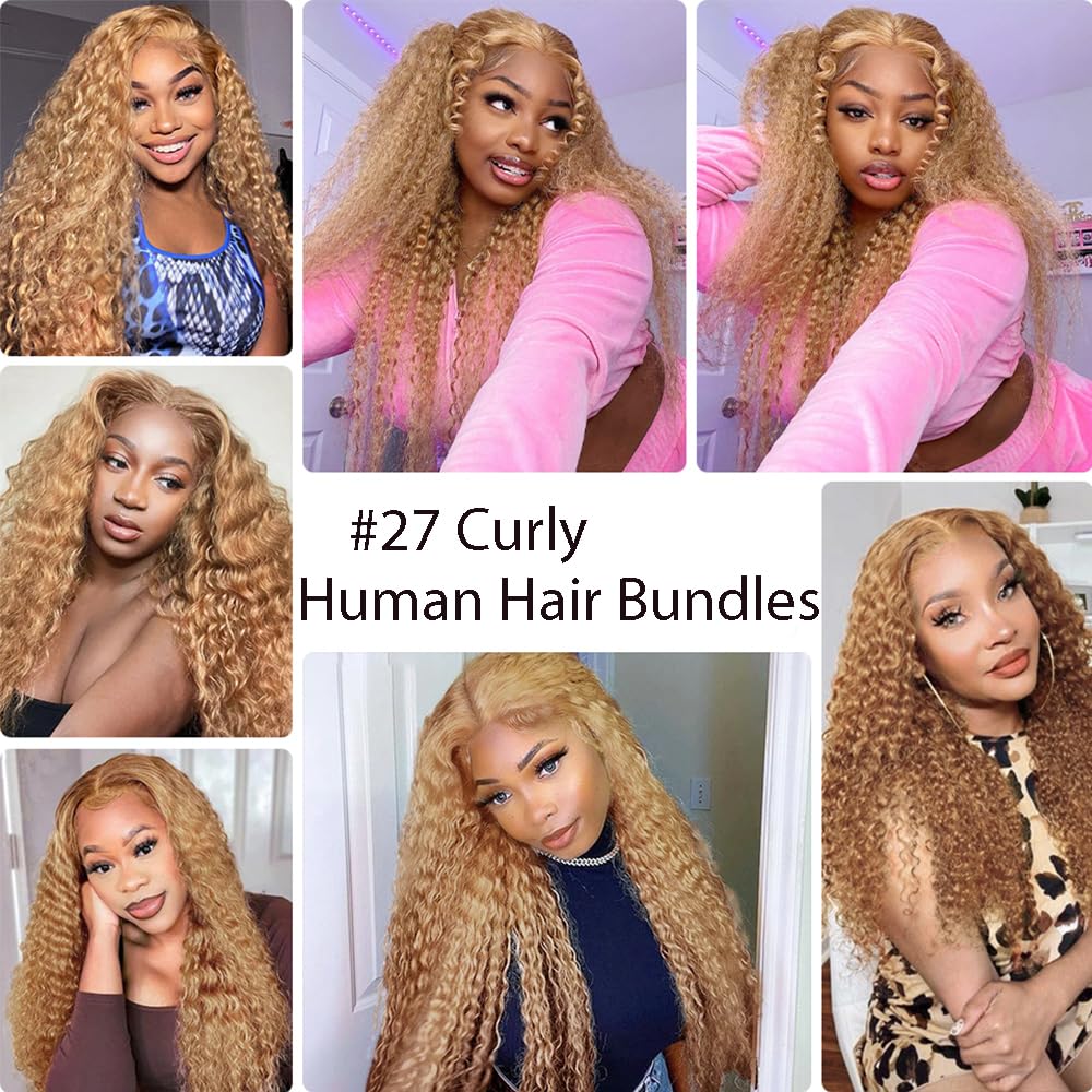 Color #27 Bundles Blonde Curly Human Hair Extensions 22 22 22 Inch 8A Grade Peruvian Virgin Remy Hair 3 Bundles Honey Blonde Bundle Double Weft Hair Weave