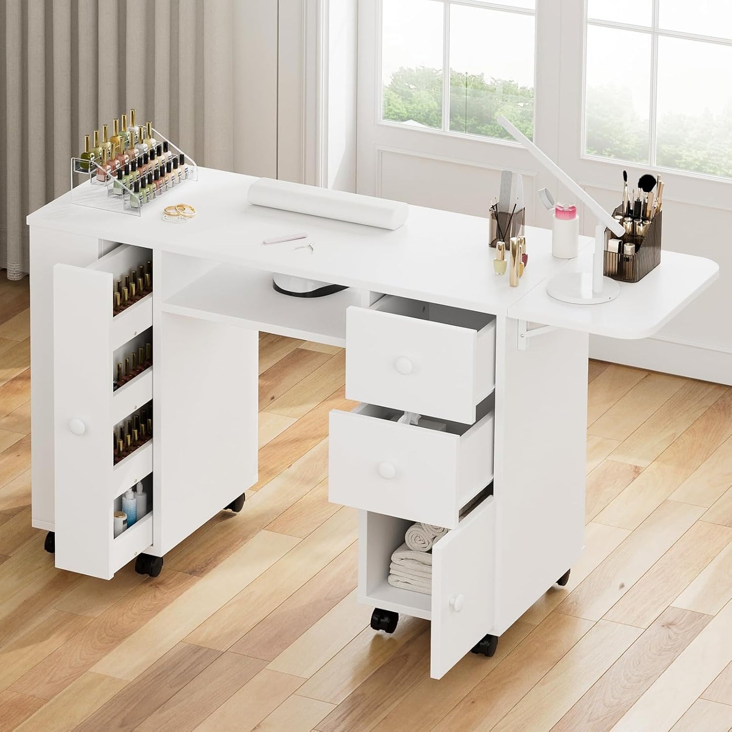 Manicure Table - Paddie Nail Desk with Extendable Surface, Trash Bag Holder & Lockable Wheels | White