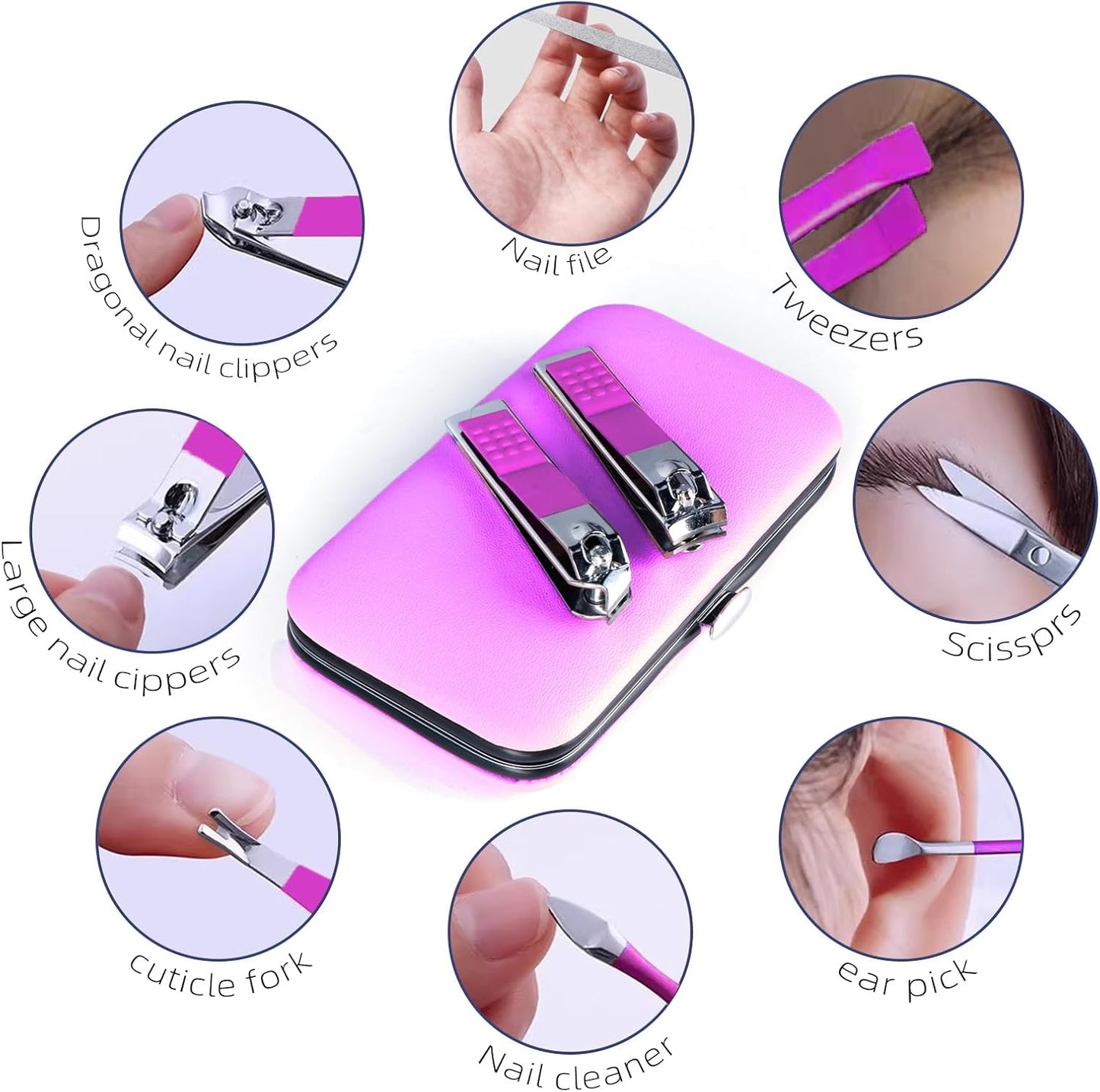 Manicure Set - 8 in 1 Nail Clipper Kit for Travel | Professional Fingernail & Toenail Tools in Purple