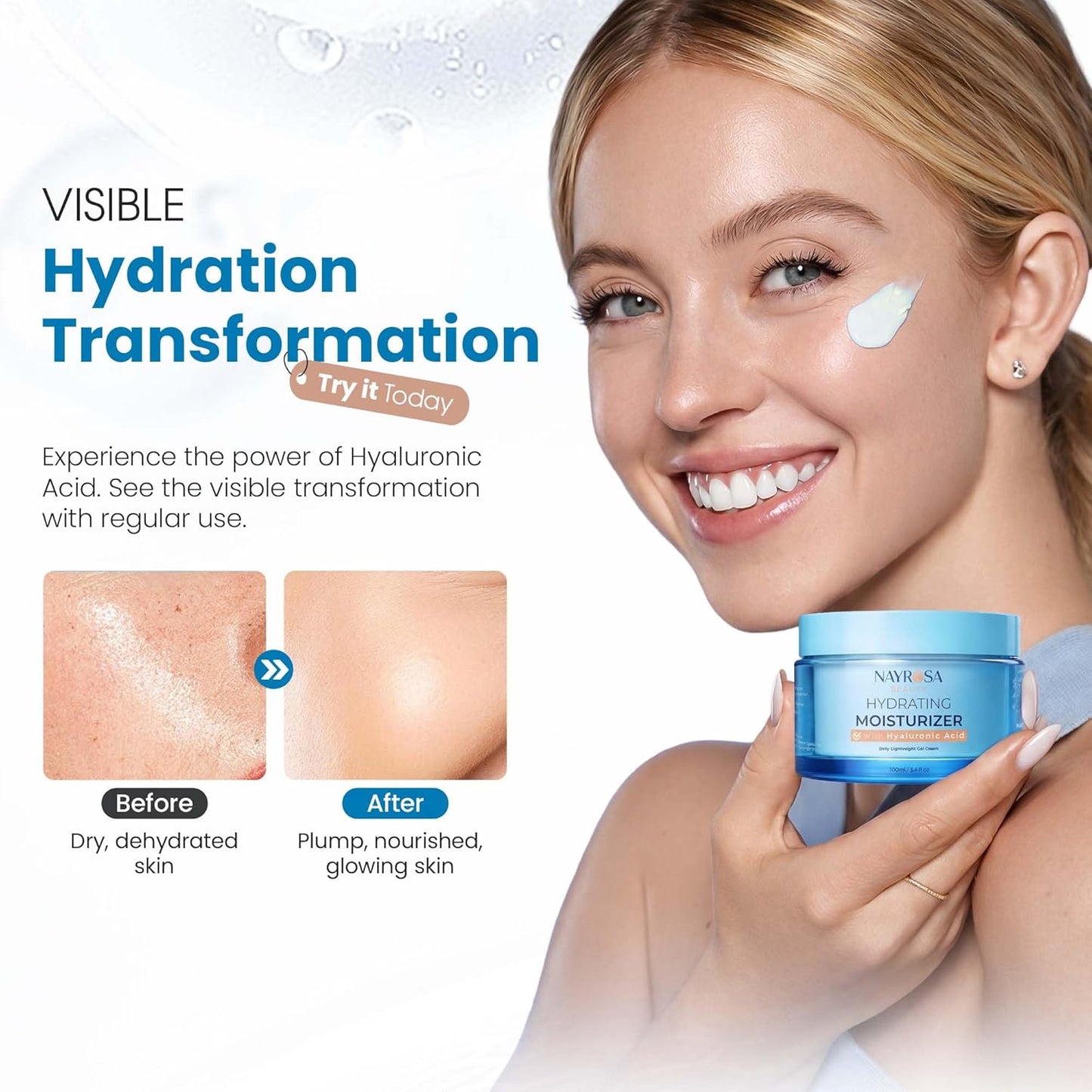 Hyaluronic Acid Gel Moisturizer Cream - 48 Hr Hydration & Vitamin E | Lightweight Water Cream for Normal/Dry Skin - 100ml