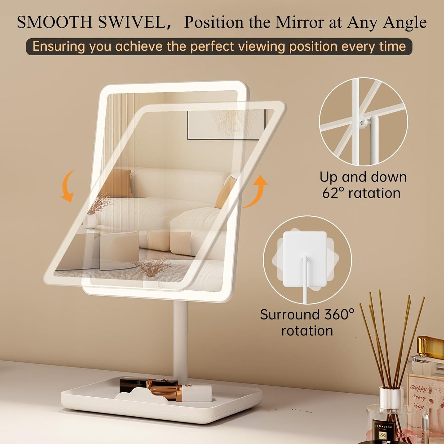 Vanity Mirror with Lights - Rechargeable Makeup Mirror | Smart Touch, 3-Color Dimmable Lighting, 40X Magnification, White