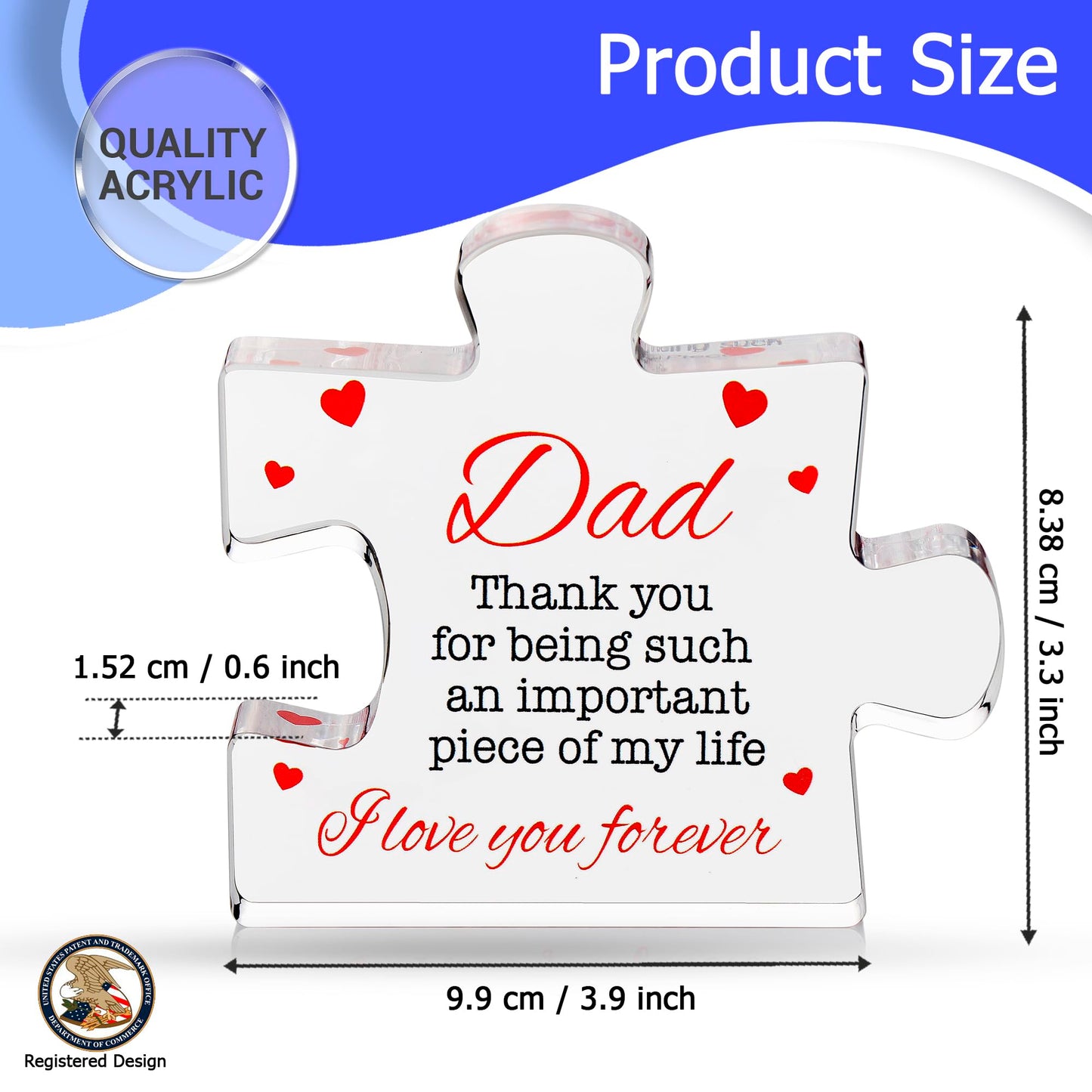VELENTI Fathers Day Dad Birthday Gift - Engraved Acrylic Block Puzzle Dad Keepsake 3.35 x 2.76 Inch - Cool Father's Day Presents from Daughter, Son, Mom - Heartwarming Men Birthday Gift Idea
