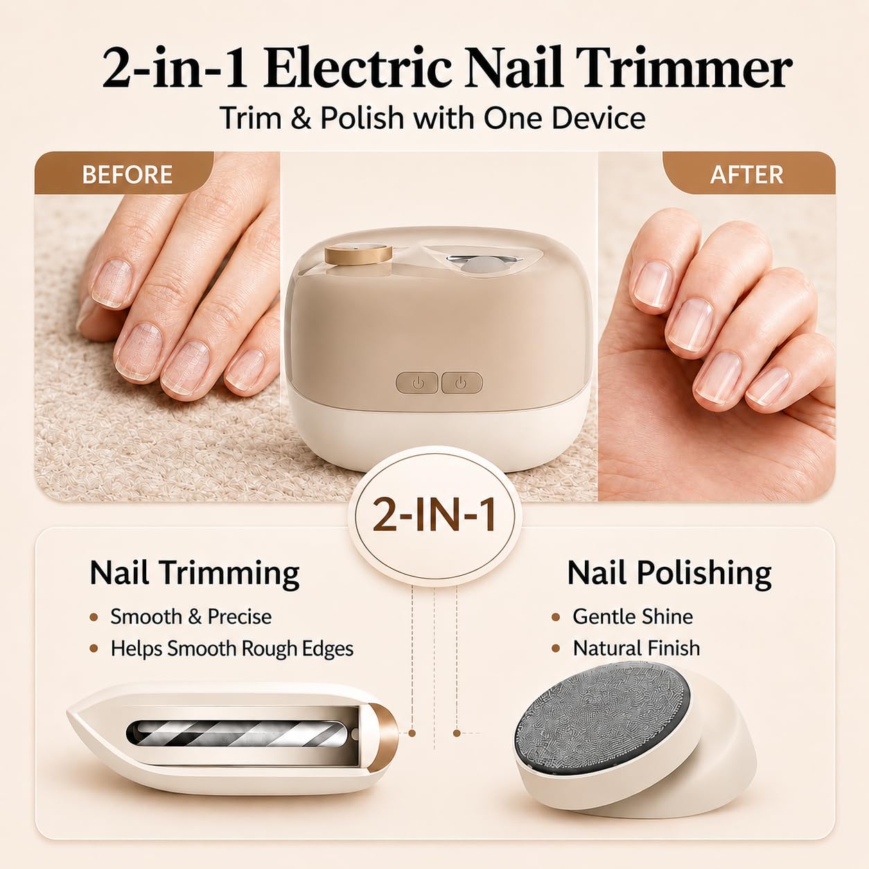 Electric Nail Clippers 2026 Upgraded, 2-in-1 Automatic Nail Trimmer with Nail Polishing, LED Light, 2 Adjustable Speeds, USB Rechargeable for Seniors, Adults, Kids, Includes Mini Folding Clipper