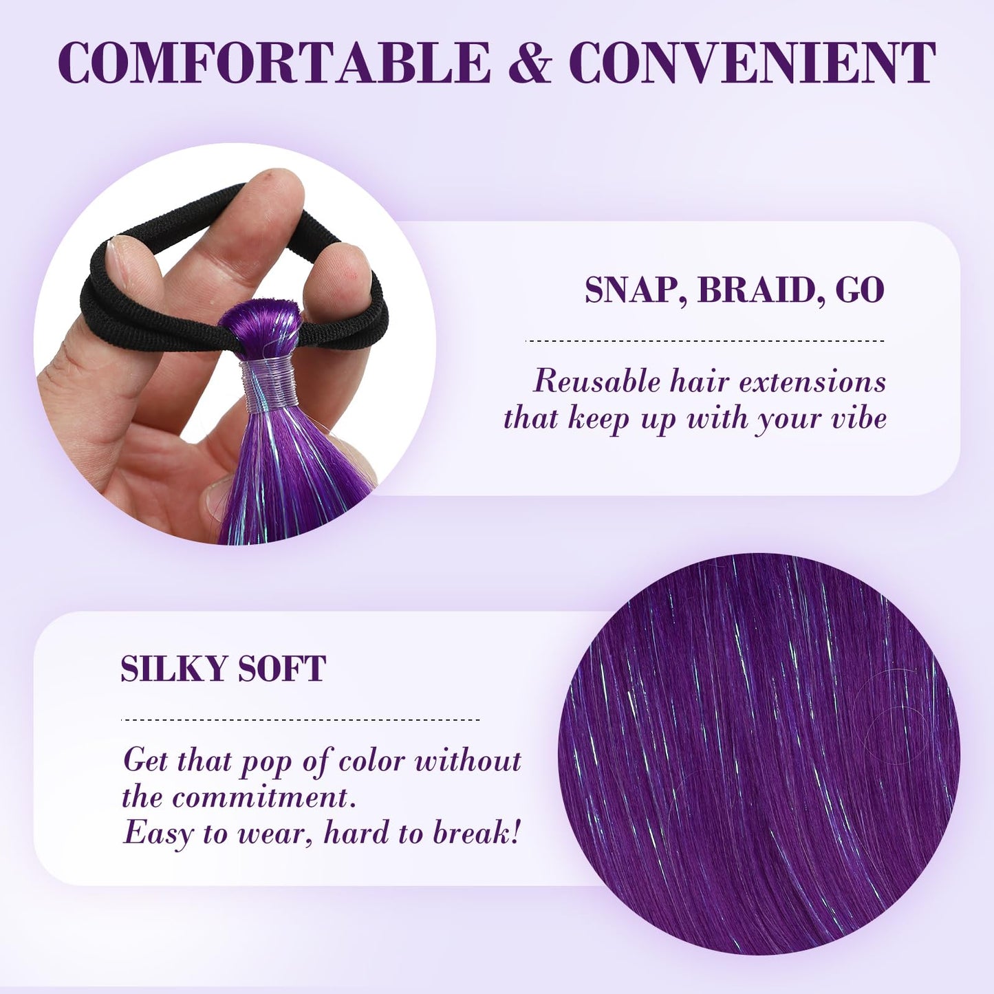 CenXRui Purple Hair Extensions with Tinsel, 26" Long Sparkly Ponytail Hair for Softball, Cheer & Spirit Week, Reusable Color Hair Extensions for Crazy Hair Day, 2 Pack (Purple)