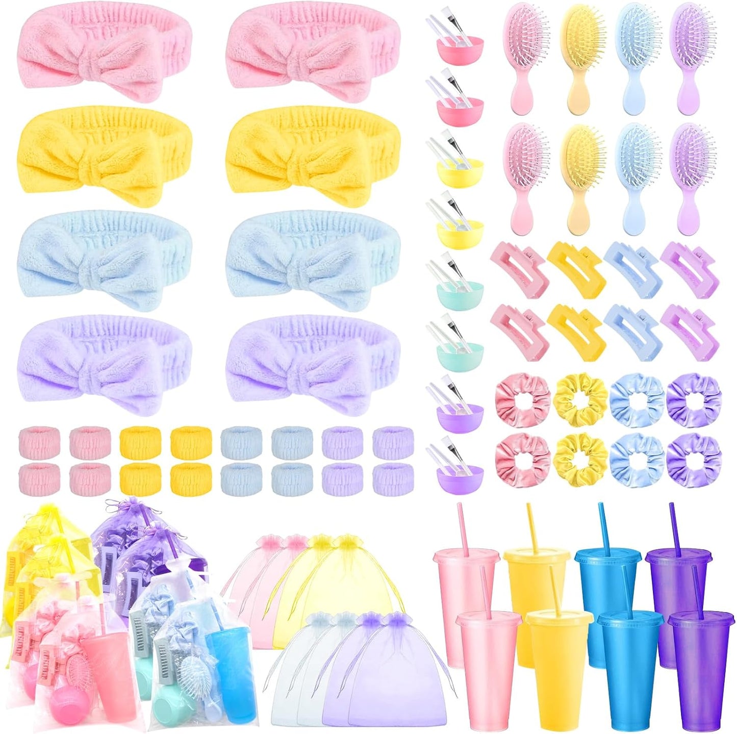 Spa Party Favors - 112 Pcs Face Mask Mixing Bowl Set, Glitter Cups, Headbands & More | Perfect for Birthday Sleepovers