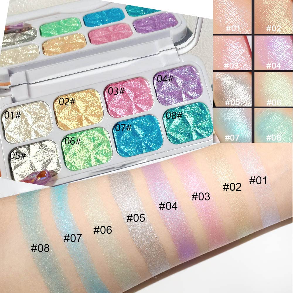 8 Color Face Highlighter Palette - Shimmer & Iridescent Multichrome Shades | Glitter Makeup for Highlighting & Contouring