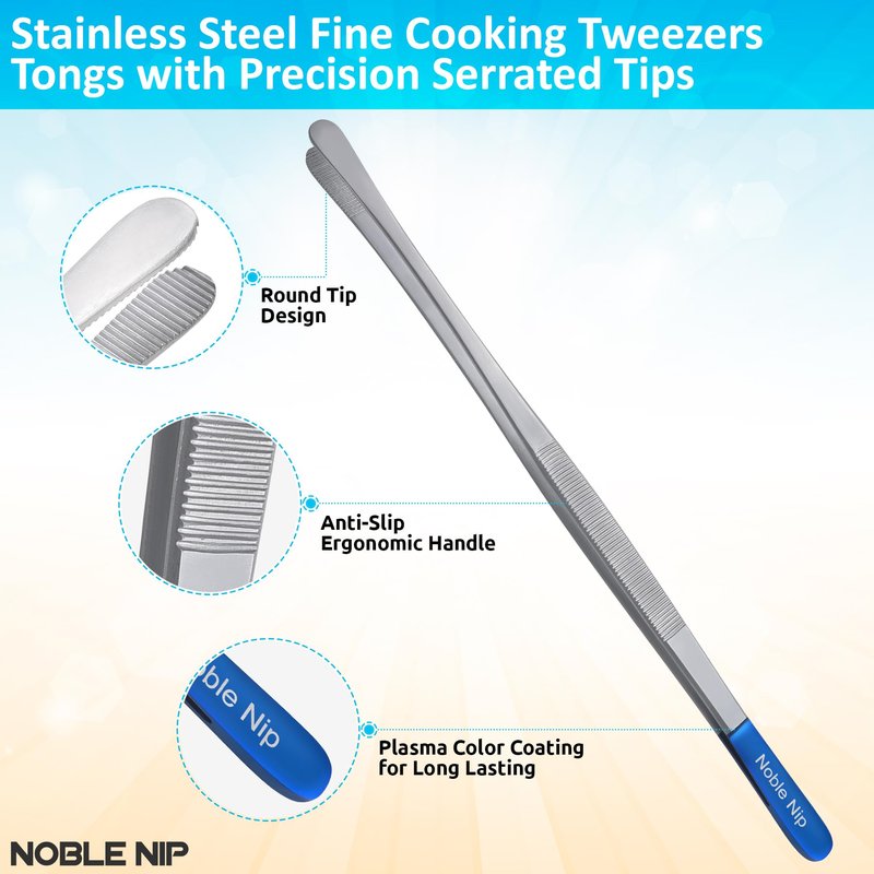 Noble Nip Kitchen Tweezers Stainless-Steel Cooking Tweezers Japanese Made Premium Serving Tongs with Precision Serrated Tips Food Grade Chef Tweezers for Grill Pasta & Salad Kitchen Cooking Tongs.