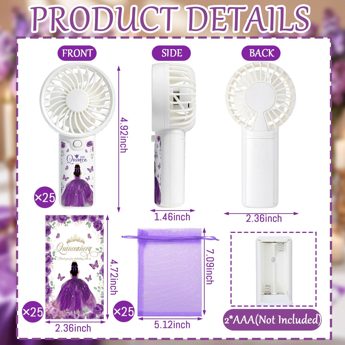 Tuanse 25 Set Recuerdos Para 15 Años Quinceañeras Quinceanera Fan Party Favors Gifts for Guests Portable Handheld Electric Fans with Thank You Cards Organza Bags for Birthday Decor Guests(Purple)