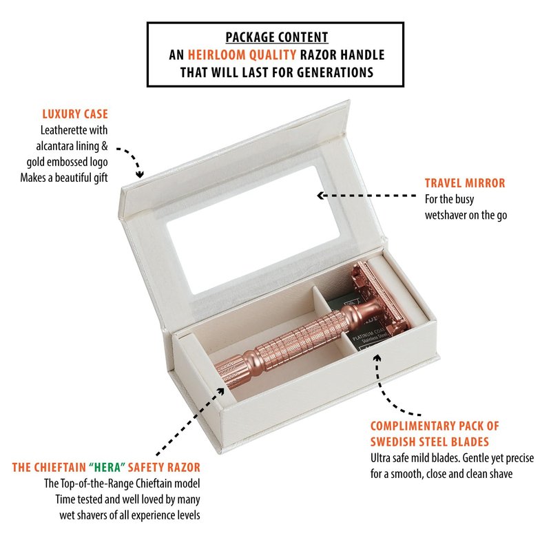 VIKINGS BLADE Double Edge Safety Razor + 5 Swedish Steel Blades + Luxury Case. Smooth, Reusable, Recyclable (Chieftain "Hera")