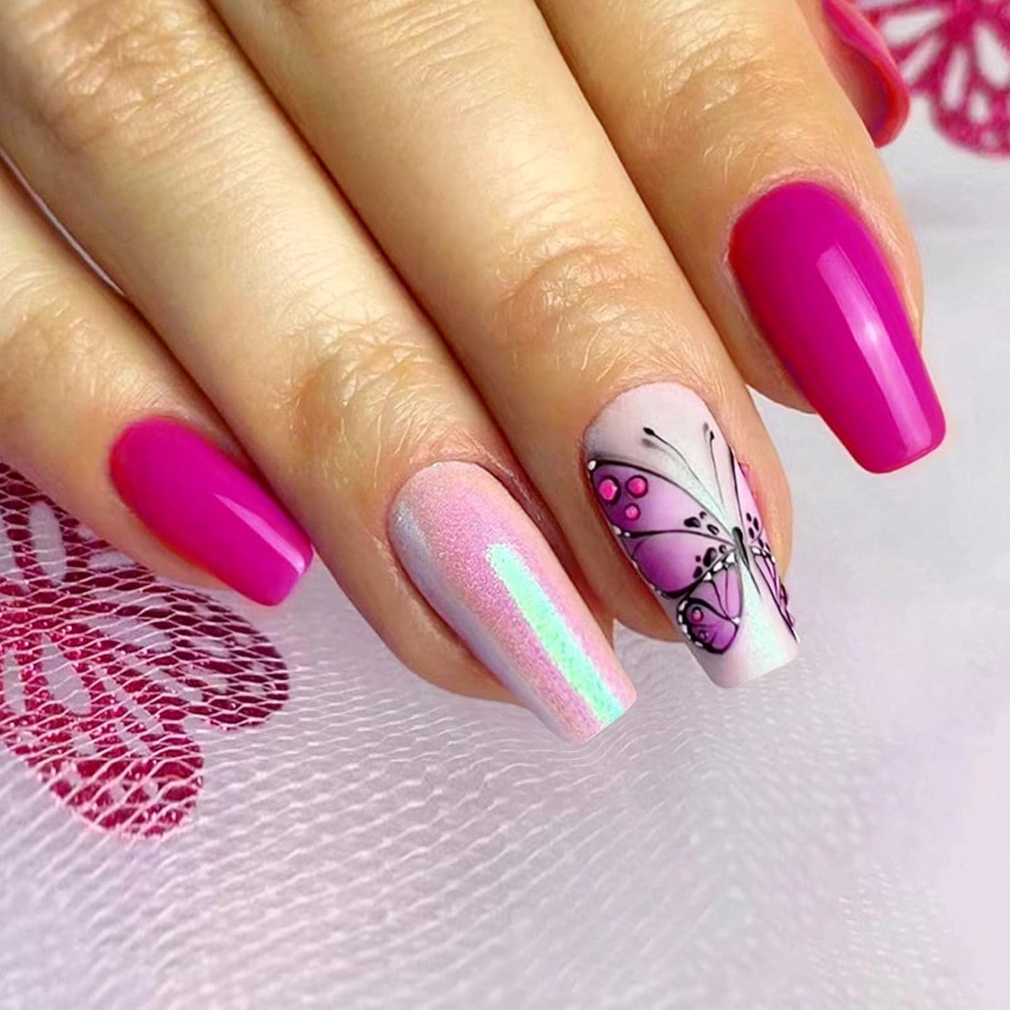 Coffin Press-On Nails - Medium Purple Butterfly Glitter Design | 24 Pcs Glossy Full Cover Acrylic Nails for Women