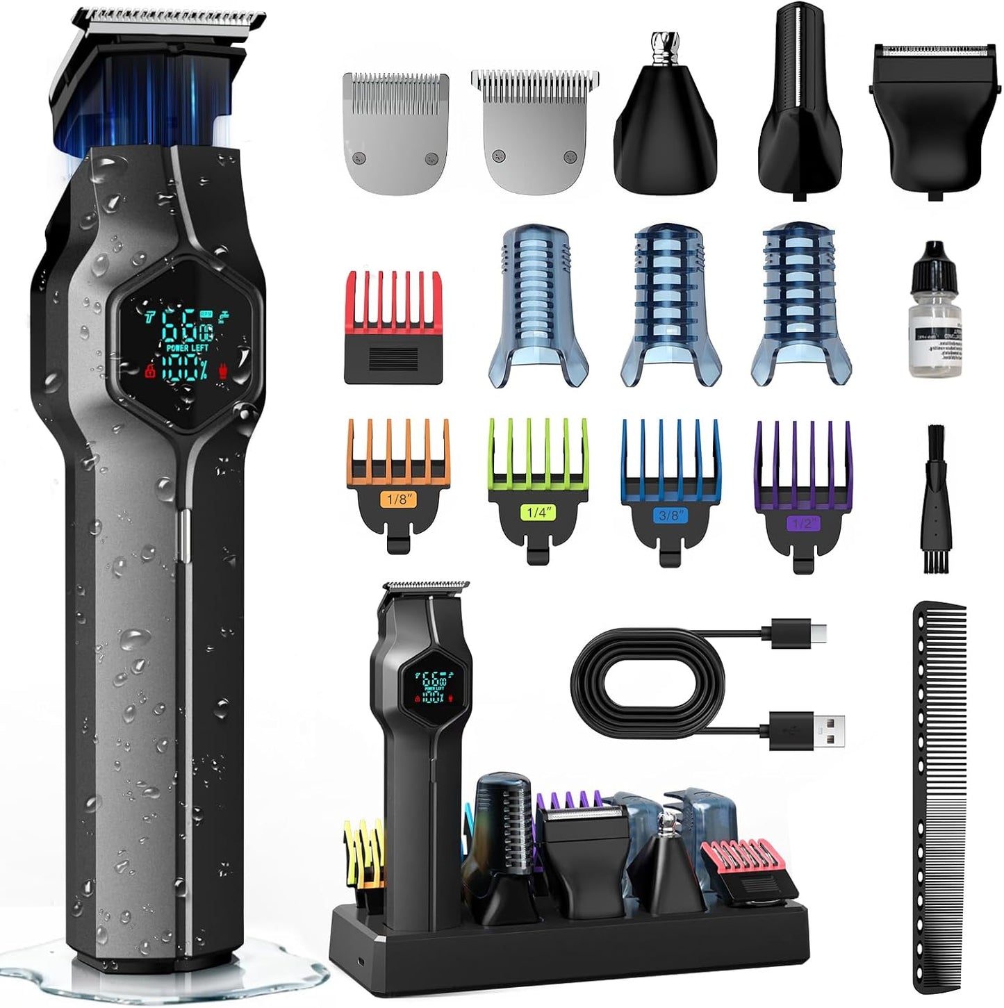 Beard Trimmer for Men - IPX7 Waterproof Cordless Hair Clippers with Magnetic Snap-On Heads | Grooming Kit for Mustache, Body, Face, Ear, Nose - Gray