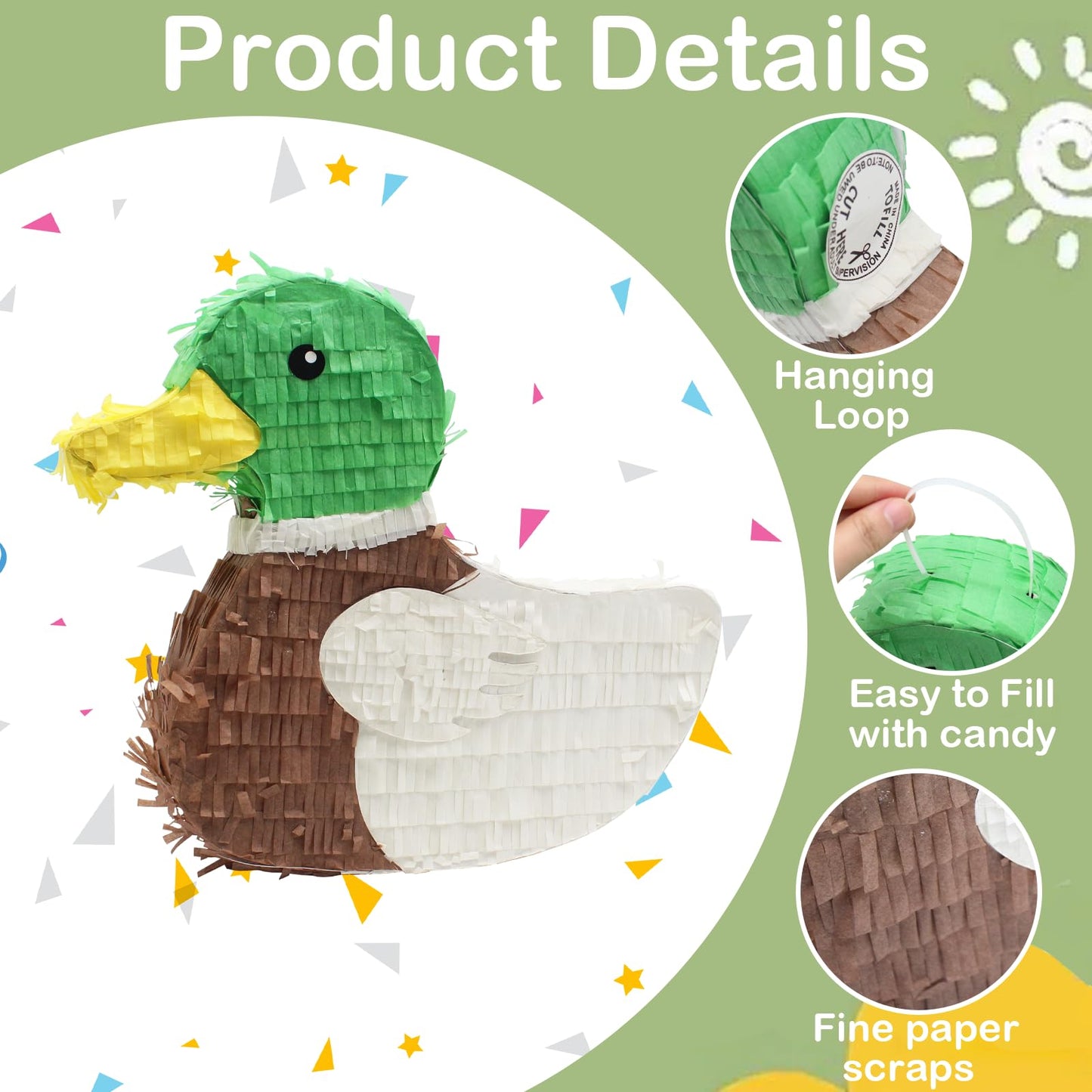 Mallard Duck Pinata Bundle with Stick, Blindfold, Bat, Gender Reveal Confetti for Duck Hunting Birthday One Lucky Party Decoration Farm Animal Theme Party Supplies
