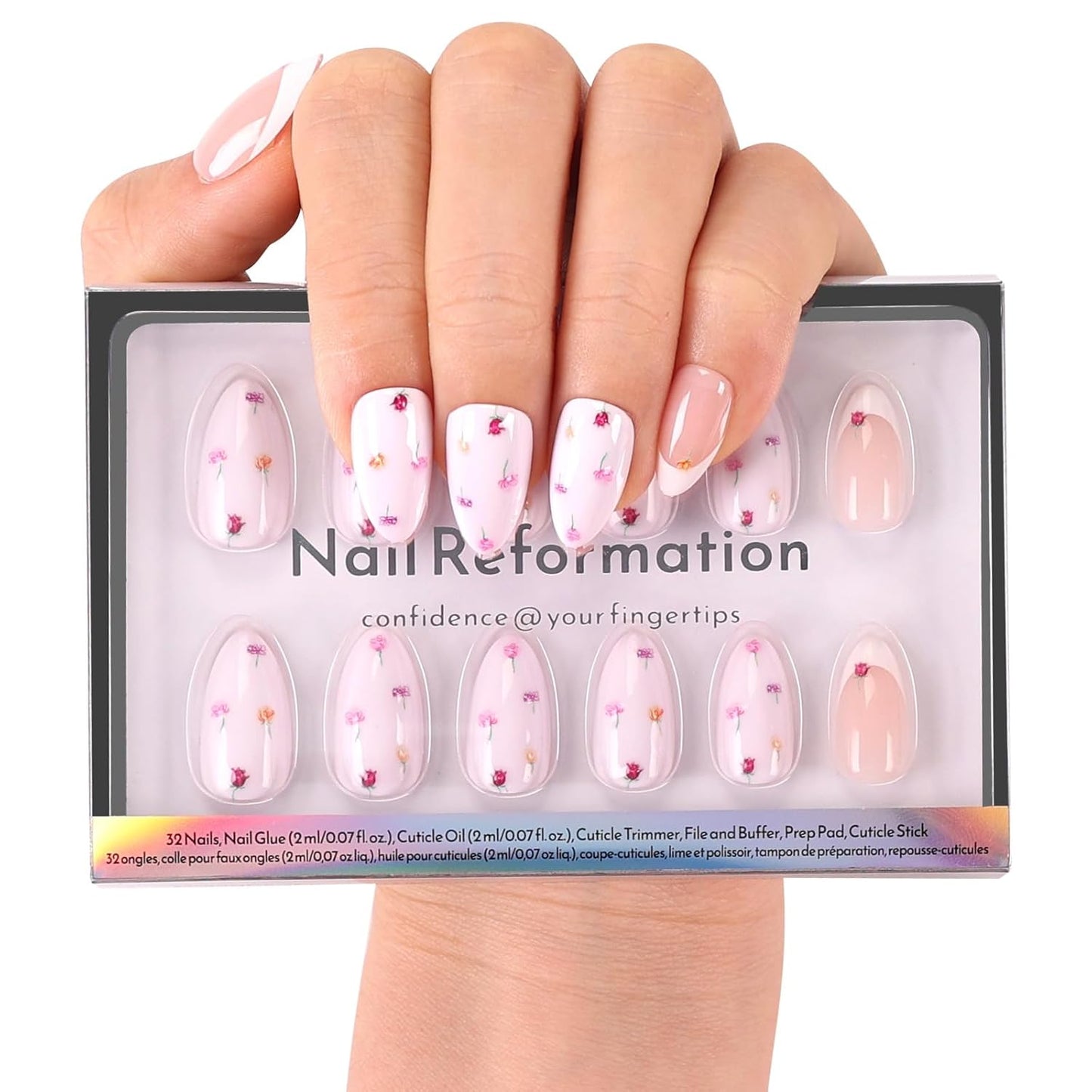 Press On Nails - Strawberry Seed Milky Pink Almond Fake Nails with Red Polka Dot French Tip | Glossy Reusable 32 Pcs in 16 Sizes - Perfect Manicure Gifts for Women