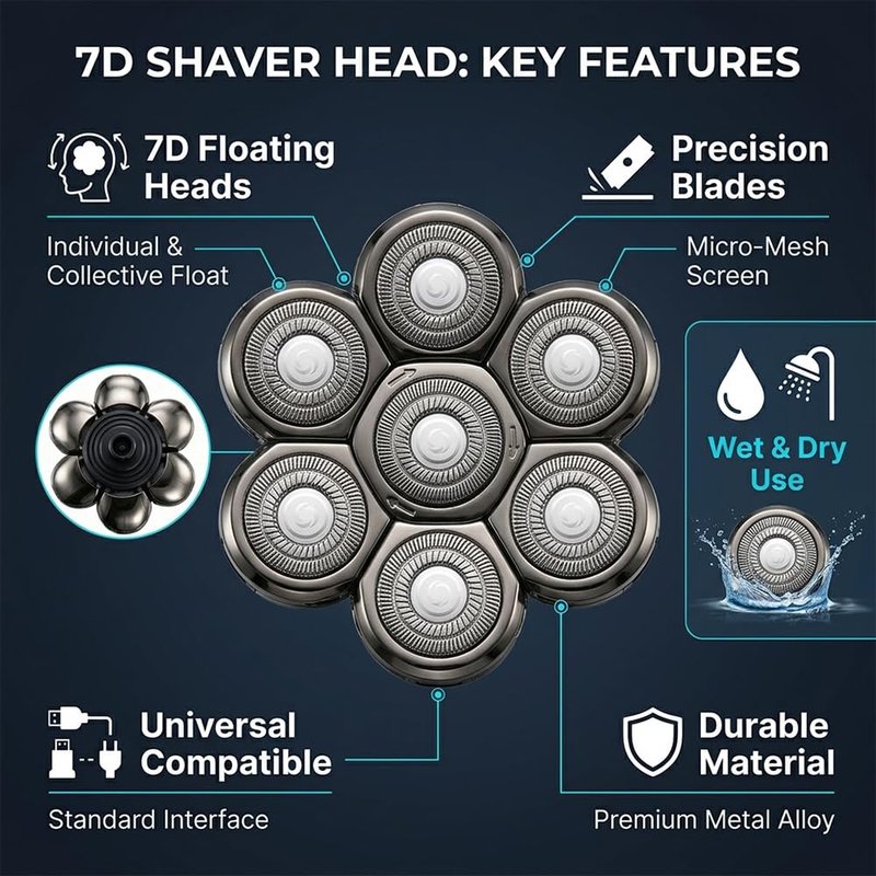 7D Head Shavers Replacement Blades, Electric Head Shavers for Bald Men Replacement Heads, 7 Blades Floating Rotary Shavers Heads Compatible, Men's Head Shaver Blade, Wet & Dry Washable