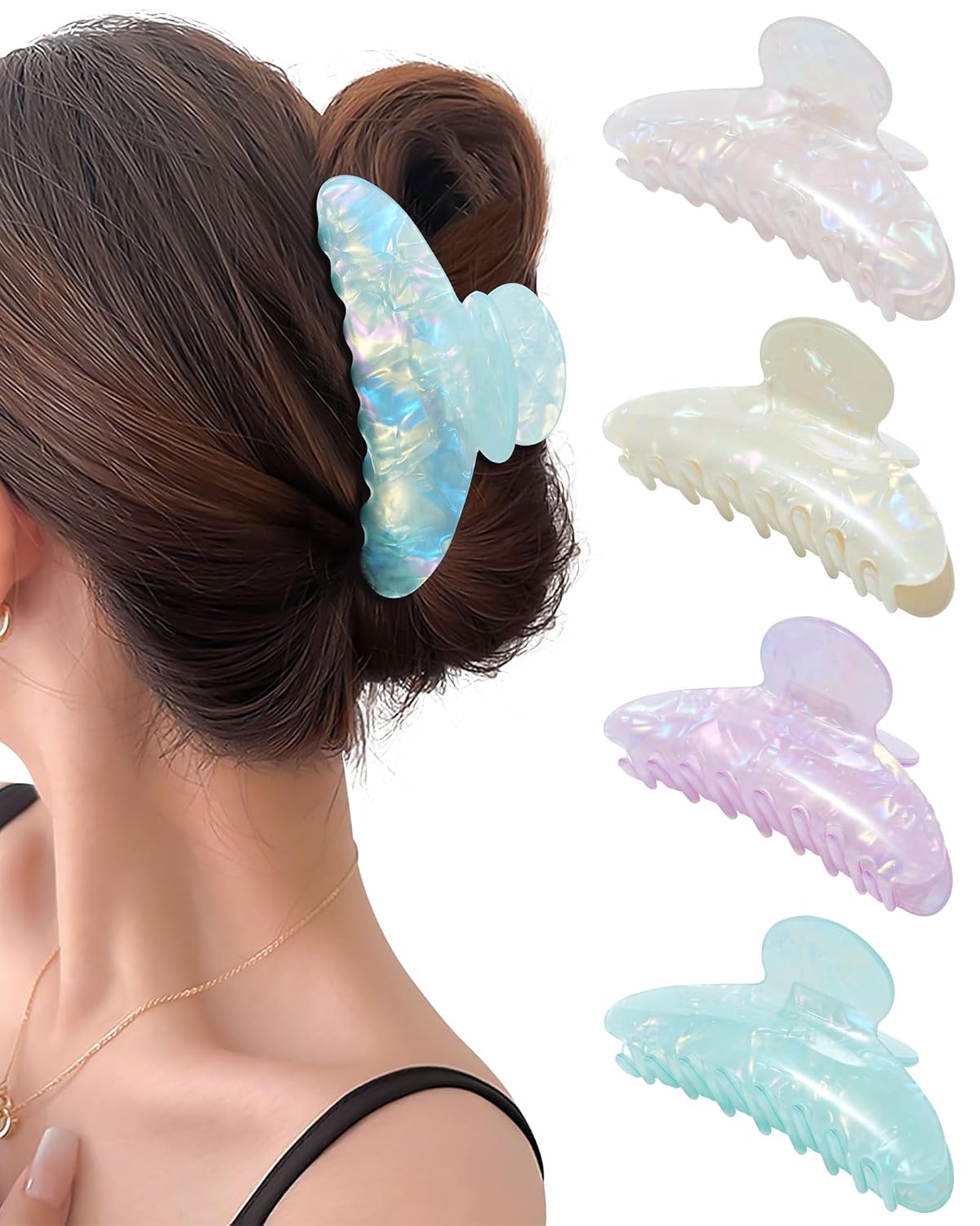 Acrylic Hair Clips - 4 Pack Nonslip Large Hair Grips for Thin & Thick Hair | French Banana Barrettes (Pink, White, Green, Champagne)