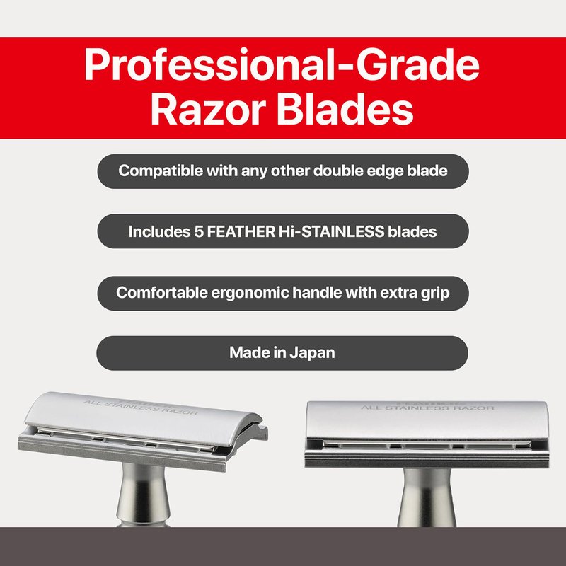 Feather - Wood Handle Stainless Double Edge Razor with Wood Inlay Stainless Steel Stand - With Resin-Impregnated Handle & Stand - Includes 5 Hi-Stainless Blades - Made in Japan