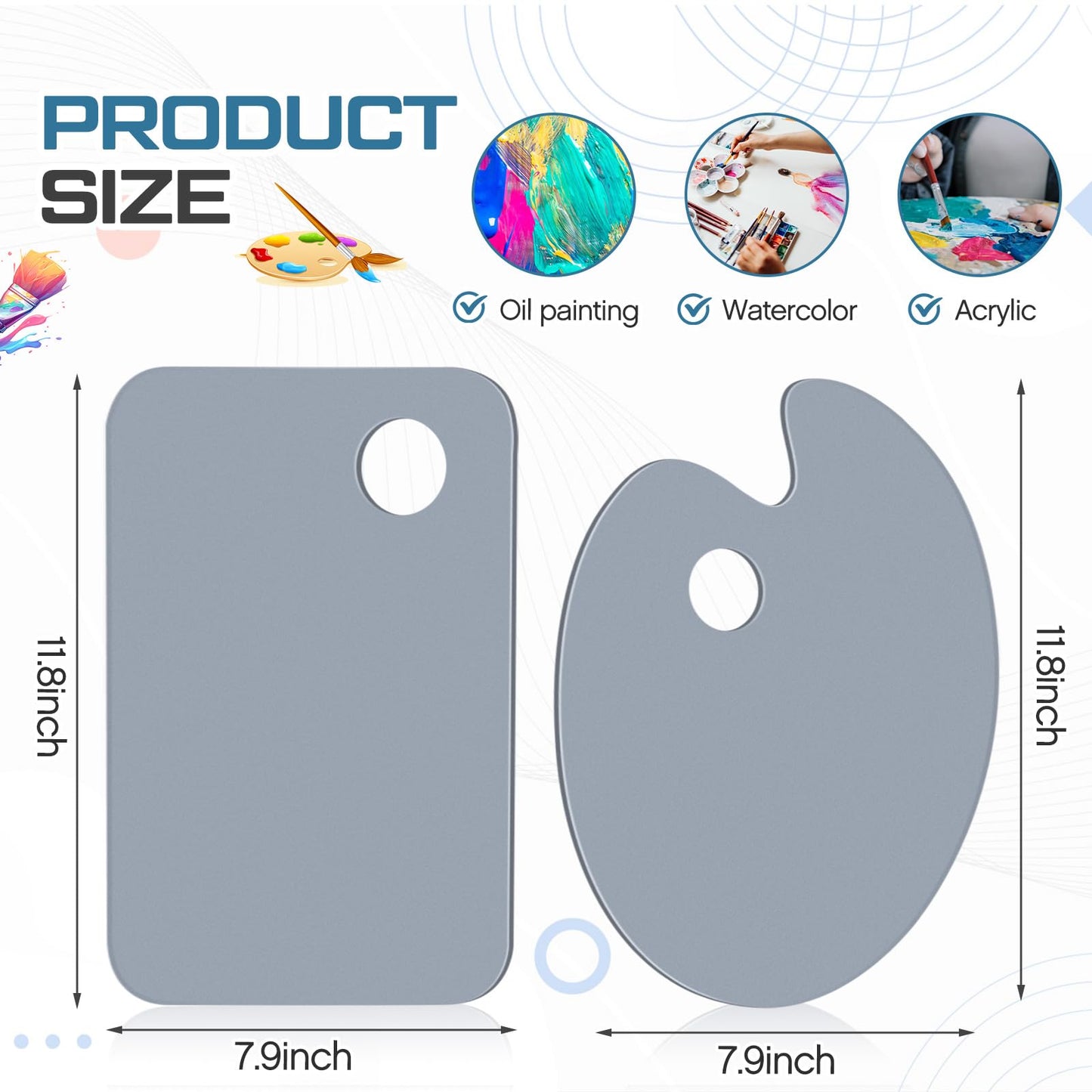 Honoson 2 Pack 11.8 x 7.9 Inch Neutral Grey Acrylic Paint Palette with Opaque Paint Pallet, Easy to Clean Non Stick Artist Pallet for Oil Watercolor Craft DIY Painting Palette (Square and OVA)
