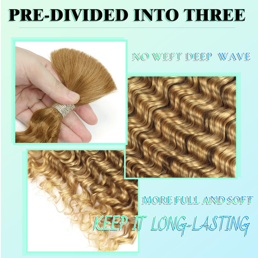 Blonde Human Braiding Hair for Boho Braids 22 Inch 6 Bundles Human Braiding Hair Deep Wave Hair Extensions 150g 27#