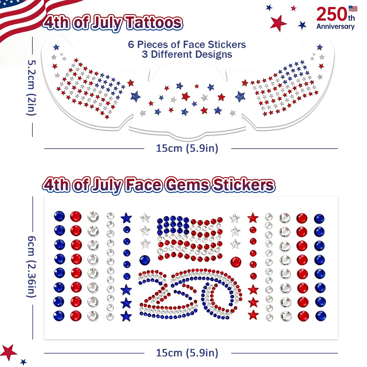 Mysense 250 Anniversary USA Merchandise, 6 Pcs 4th of July Tattoos & Face Gems Set, Red White Blue Glitter Freckles, Self-Adhesive Rhinestone Stickers, Perfect for 4th of July Outfits for Women
