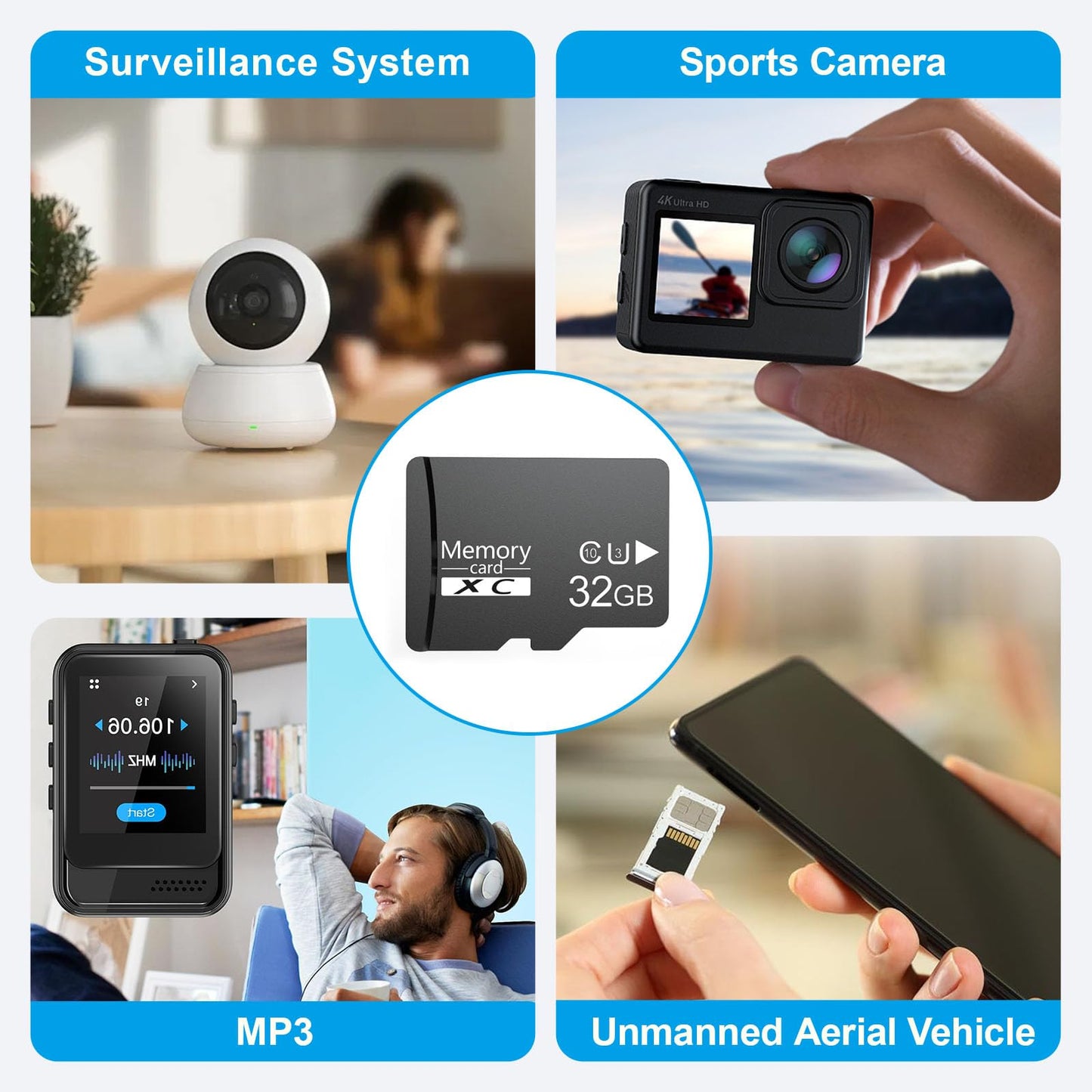 Micro SD Card 32GB SDHC V30 U3, Class 10 High Speed Memory Card for 4K Video Recording, Camera, Action Cam, Drone, Dash Cam