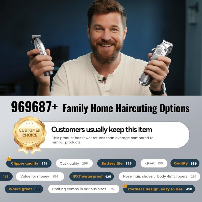 Hair Clippers for Men - Professional Cordless Trimmer Set | 4-in-1 with LED Display for Hair, Nose, Body, Bald Head
