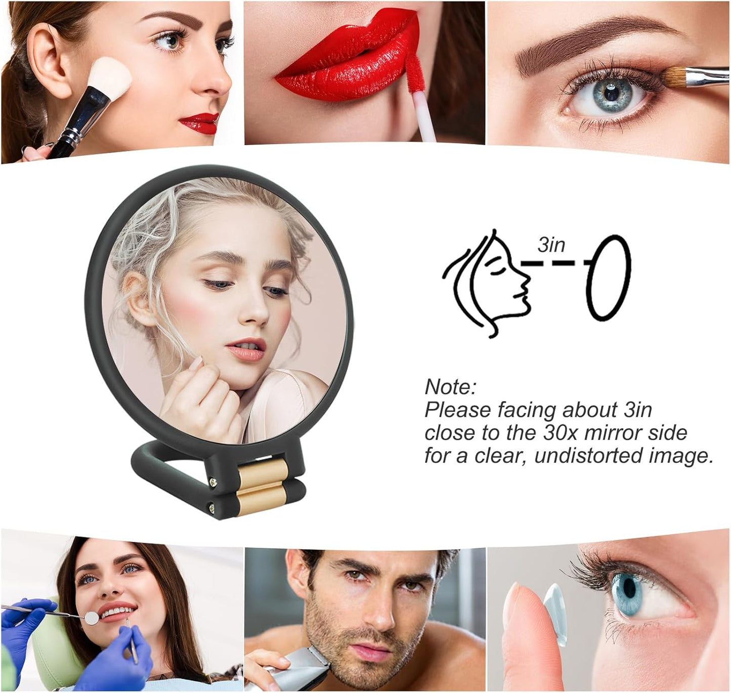 30x Magnifying Travel Mirror - Double-Sided Handheld Makeup Mirror with Adjustable Handle | Foldable Design (Black)