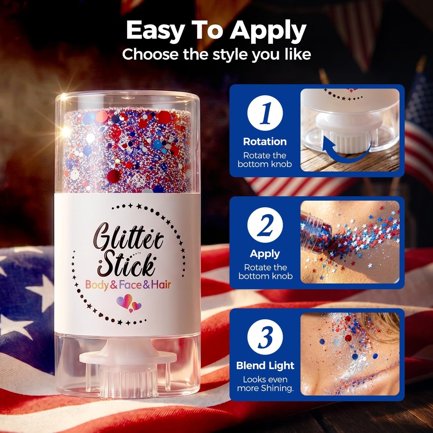 Patriotic Body Glitter Stick - Waterproof Red White Blue Face Glitter for 4th of July | 2-Pack