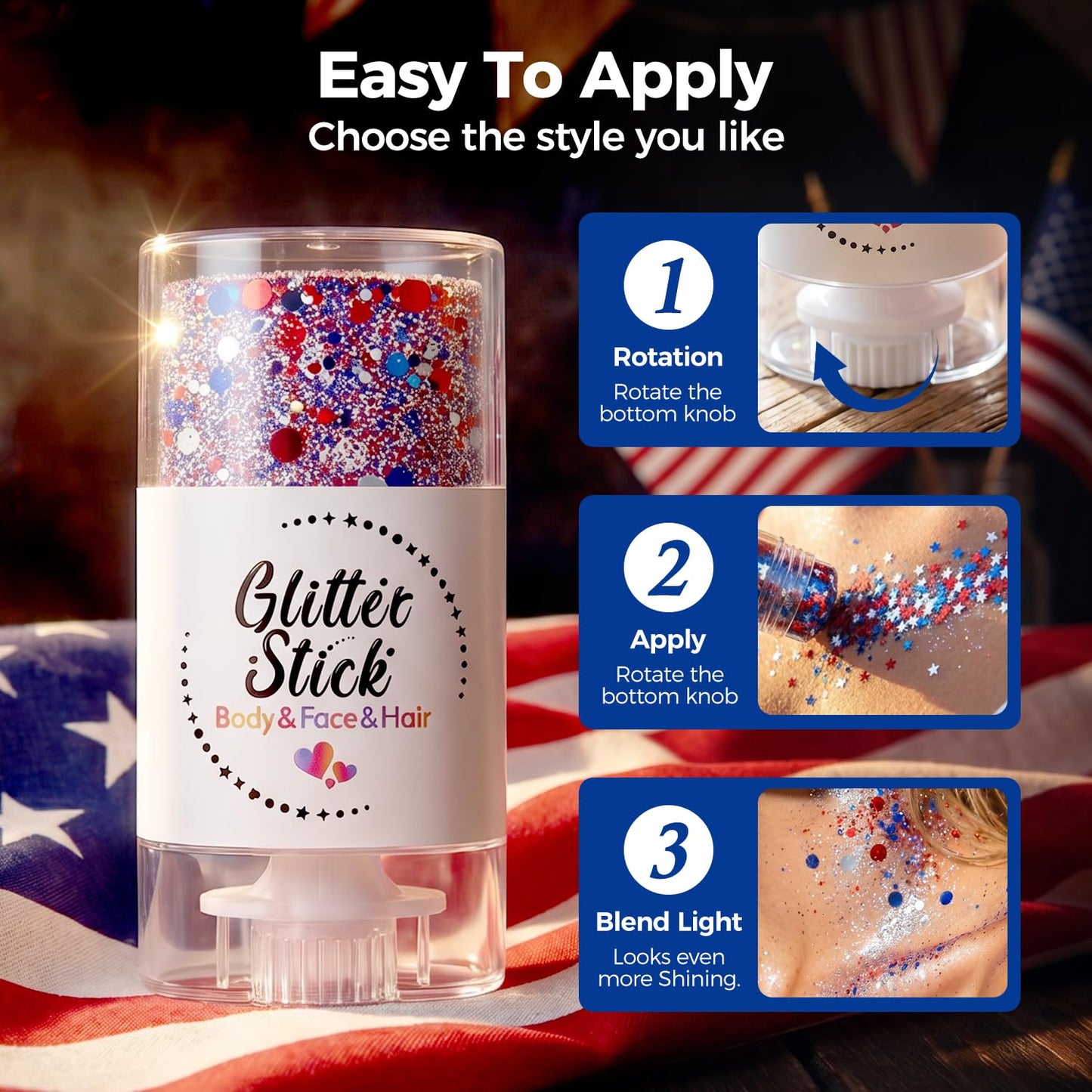 4th of July Patriotic Body Glitter Stick, Red White Blue Face Glitter Stick, Waterproof Festival Fourth of July Glitter for Body Hair Face, Patriotic Glitter for 4th of July Decorations (C)