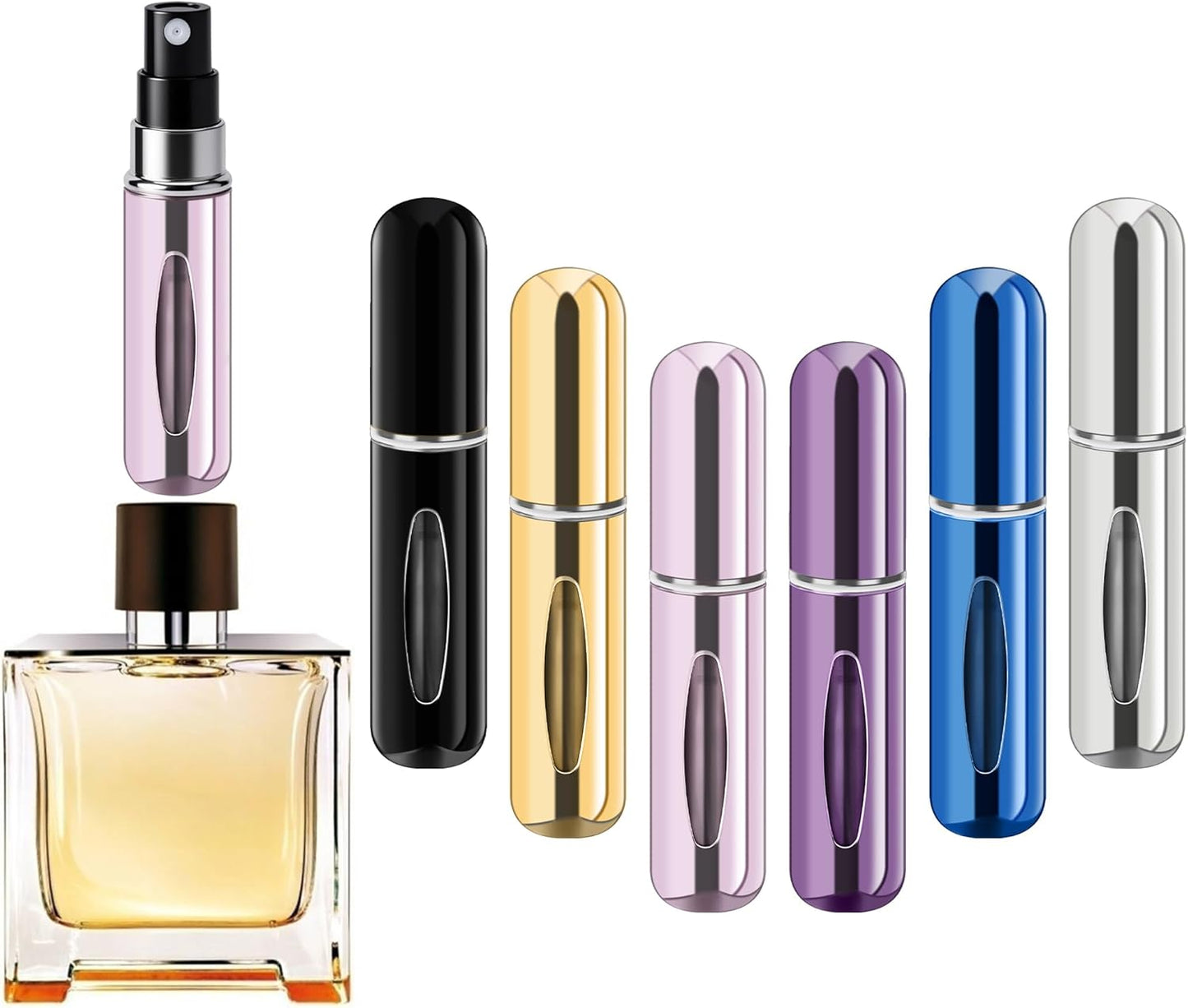 Refillable Perfume Atomizer Bottle - Portable Travel Spray, 5ml | 4 Pack in Silver, Purple, Blue, Gold, Pink, Black