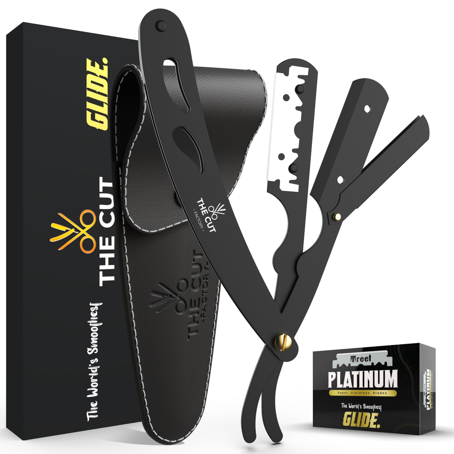 The Cut Factory® Premium Wooden Handle Straight Razor for Men – Luxury Barber Razor with 20 Single Edge Blades, Leather Pouch & Elegant Gift Box – Handcrafted Grooming Excellence