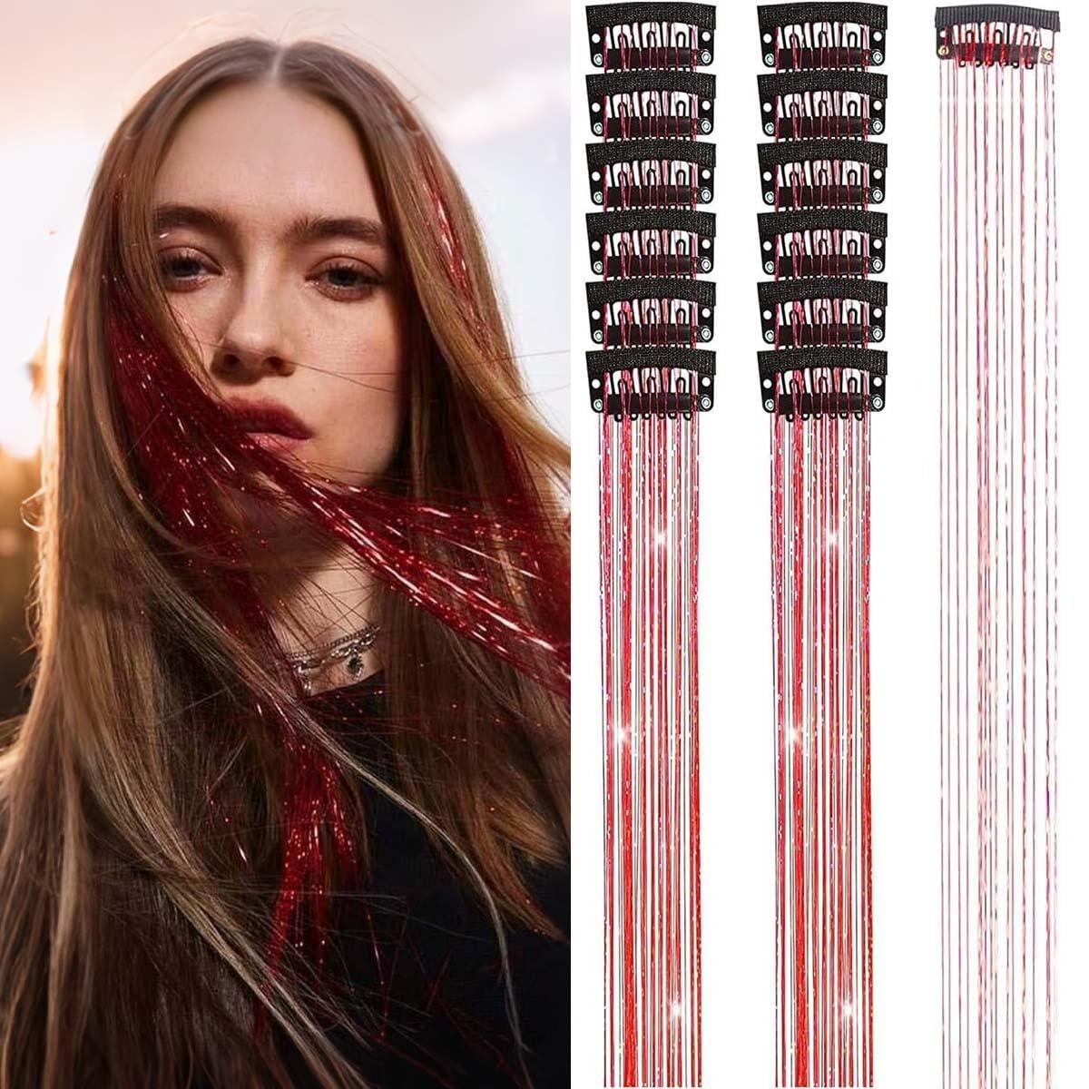 Hair Tinsel Clip in Tinsel Hair Extensions, 6Pcs 21.25In Fairy Glitter Hair Tinsel for Women Sparkle Heat Resistant Festival Hair Accessories for Halloween, Christmas, New Year, Party, Cosplay